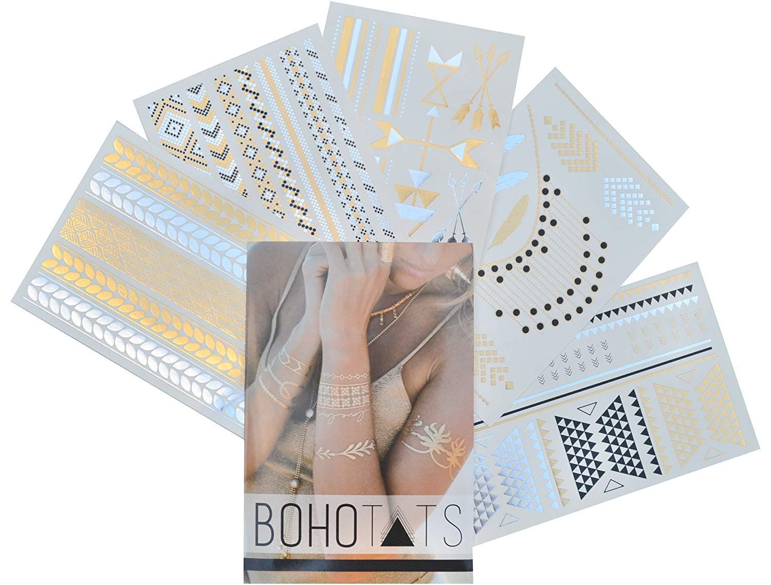 Tattoos - Set of 5 Sheets - Over 100+ Intricate Designs - Stunning Flash Metallic Boho Tattoos - Non Toxic - Quality Guarantee - Temporary Metallic Tattoos