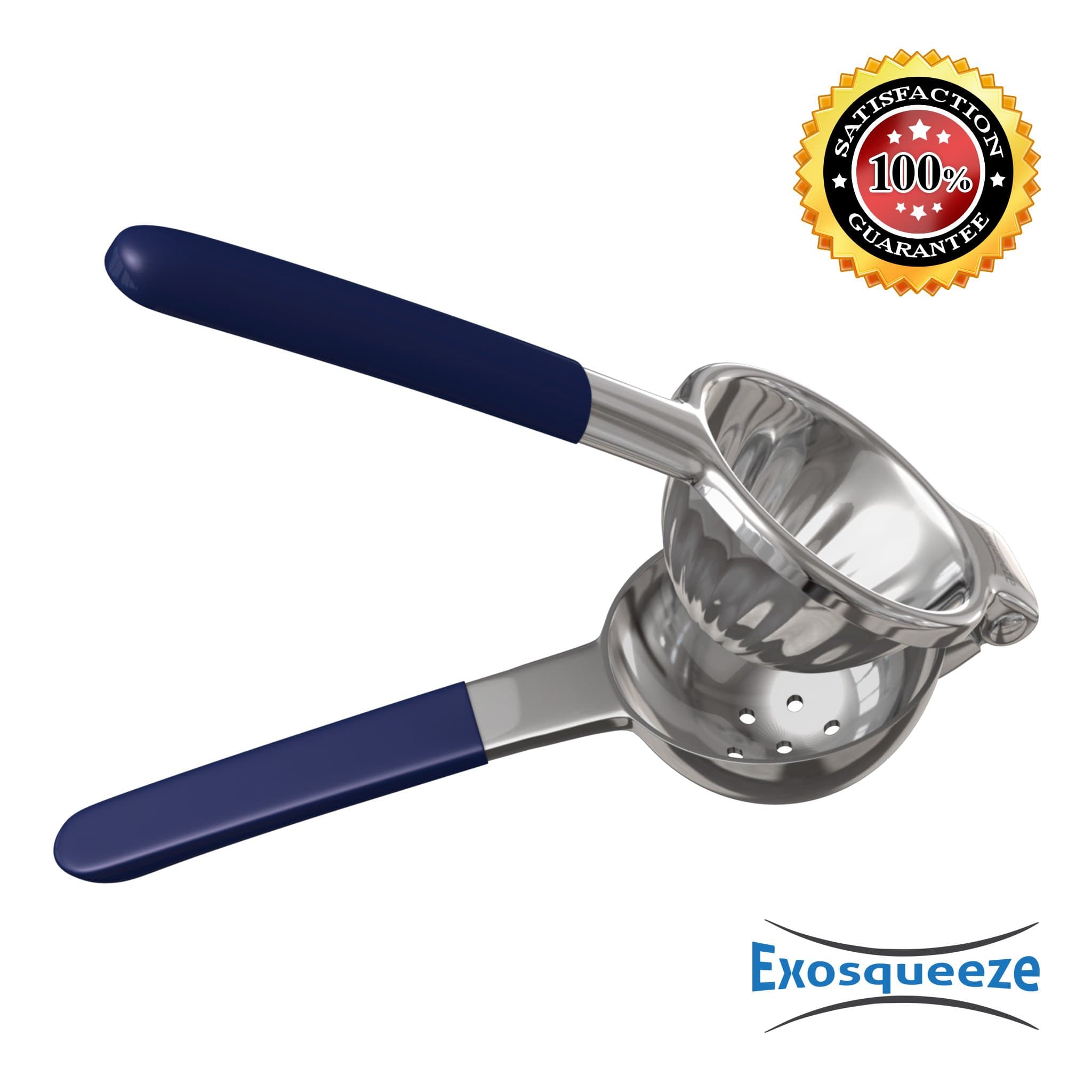 Exosqueeze Stainless Steel Lemon and Lime Squeezer with Silicone Handles - Manual Juicer Extracts Almost Every Drop of Juice