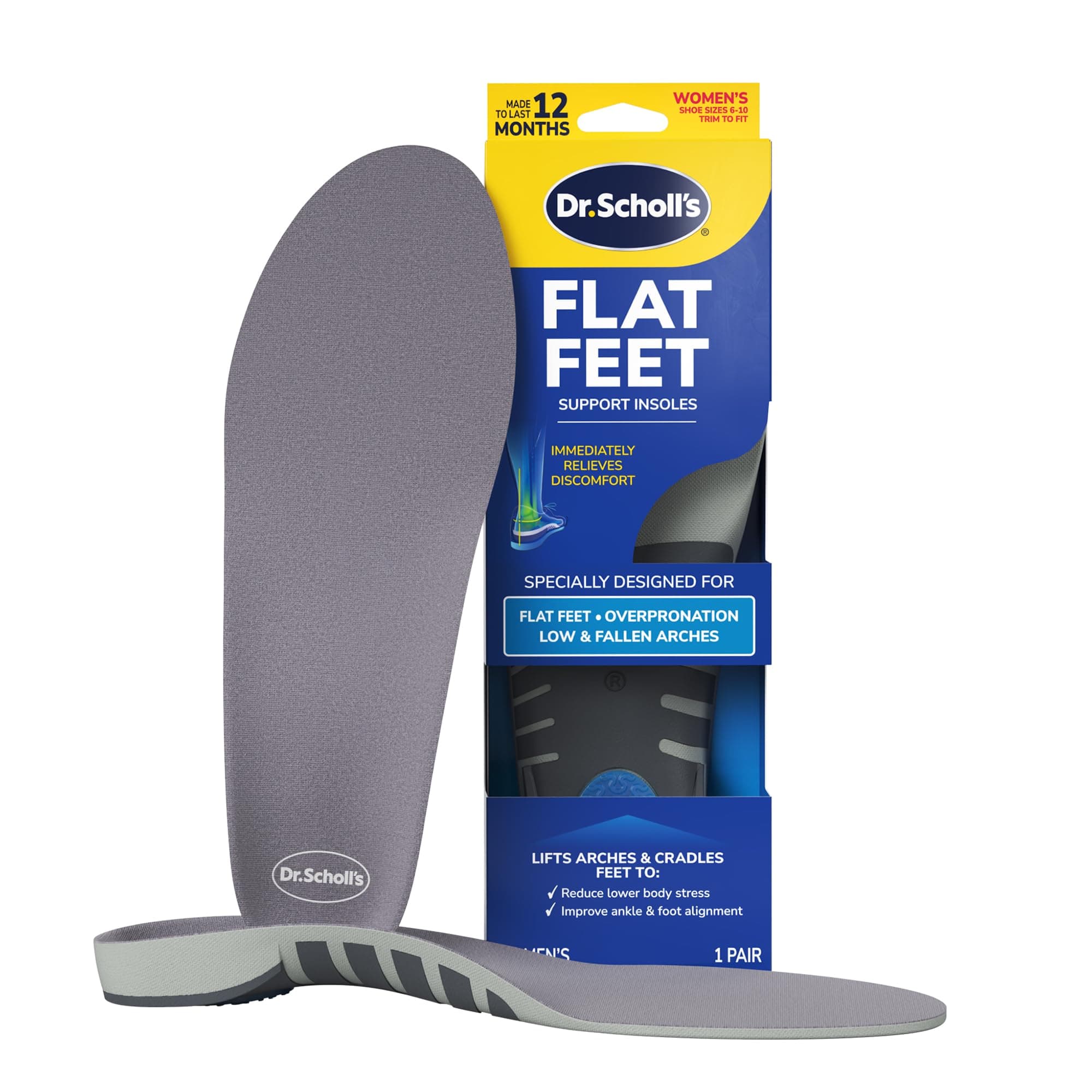 Dr. Scholl’s Flat Feet Support Insoles for Women, Size 6-10: Immediately Relieve Discomfort, Cradle Feet & Improve Ankle Alignment, Due to Overpronation,Low & Fallen Arches, Reduces Lower Body Stress