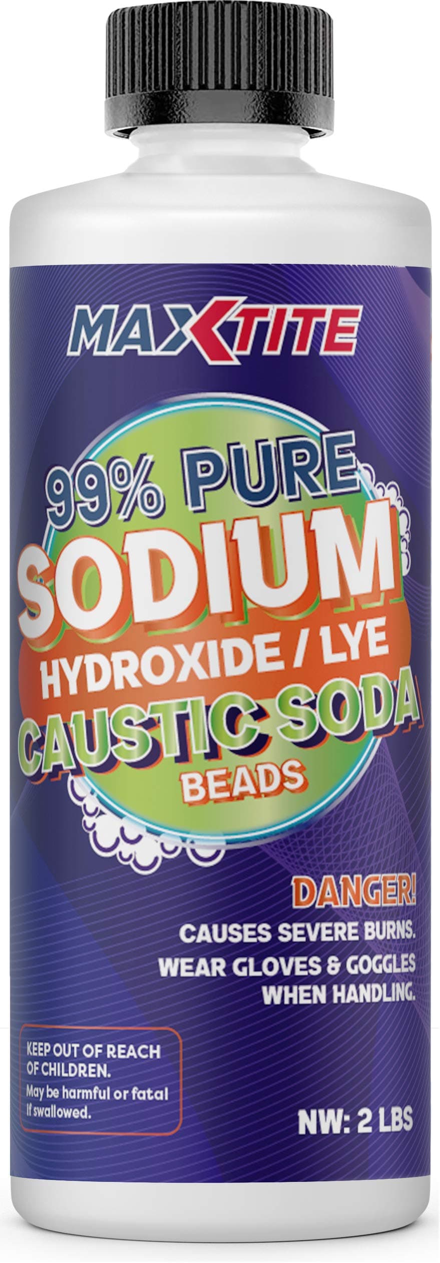 Sodium Hydroxide (Caustic Soda Beads) Lye 99% Pure (2lbs) - Lye Drain Cleaner Opener - HDPE Container w/Resealable Child Resistant Cap…