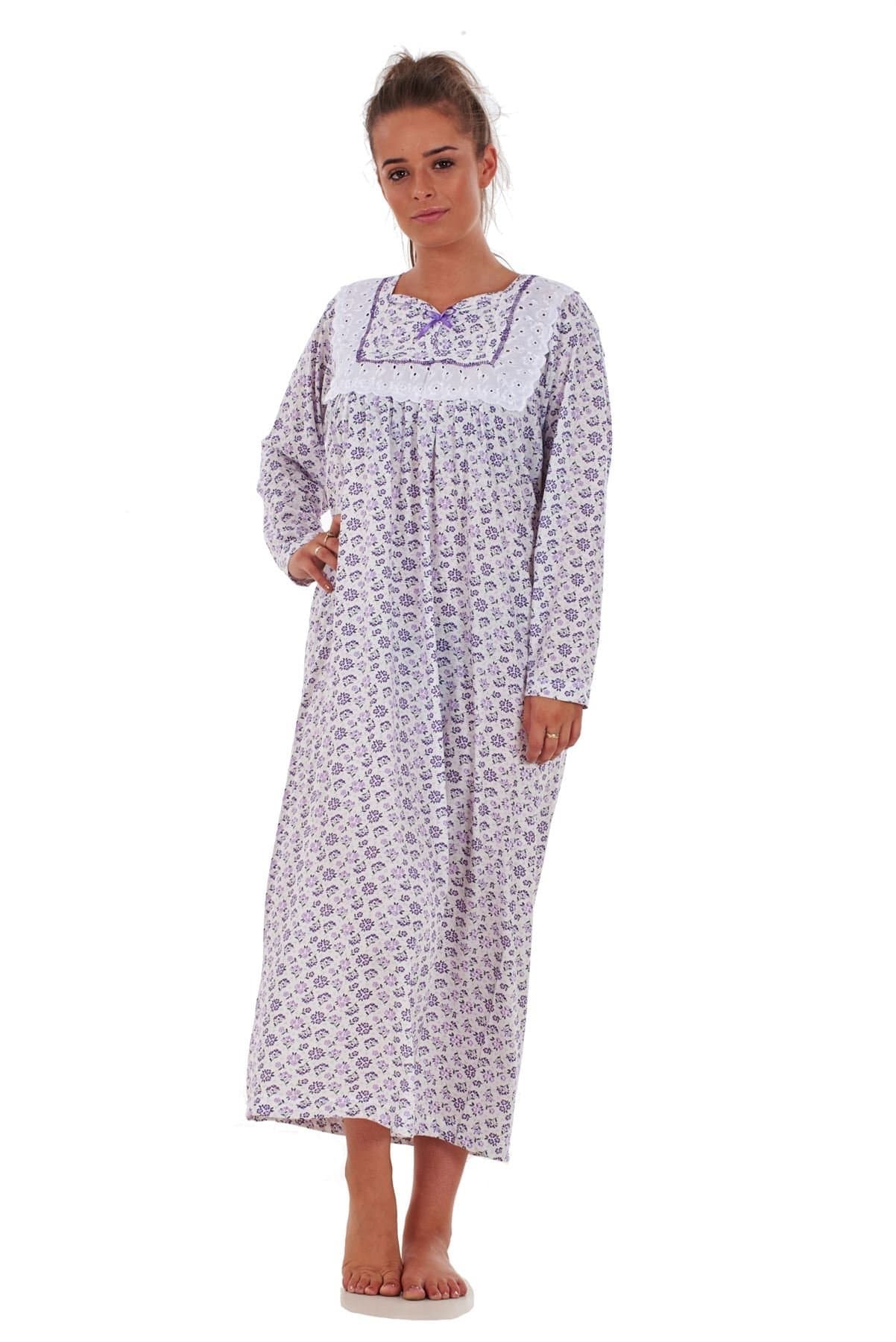 MalayBay eCom UK Women Nightwear Floral Print 100% Cotton Long Sleeve Long Nightdress M to XXXL Lavender