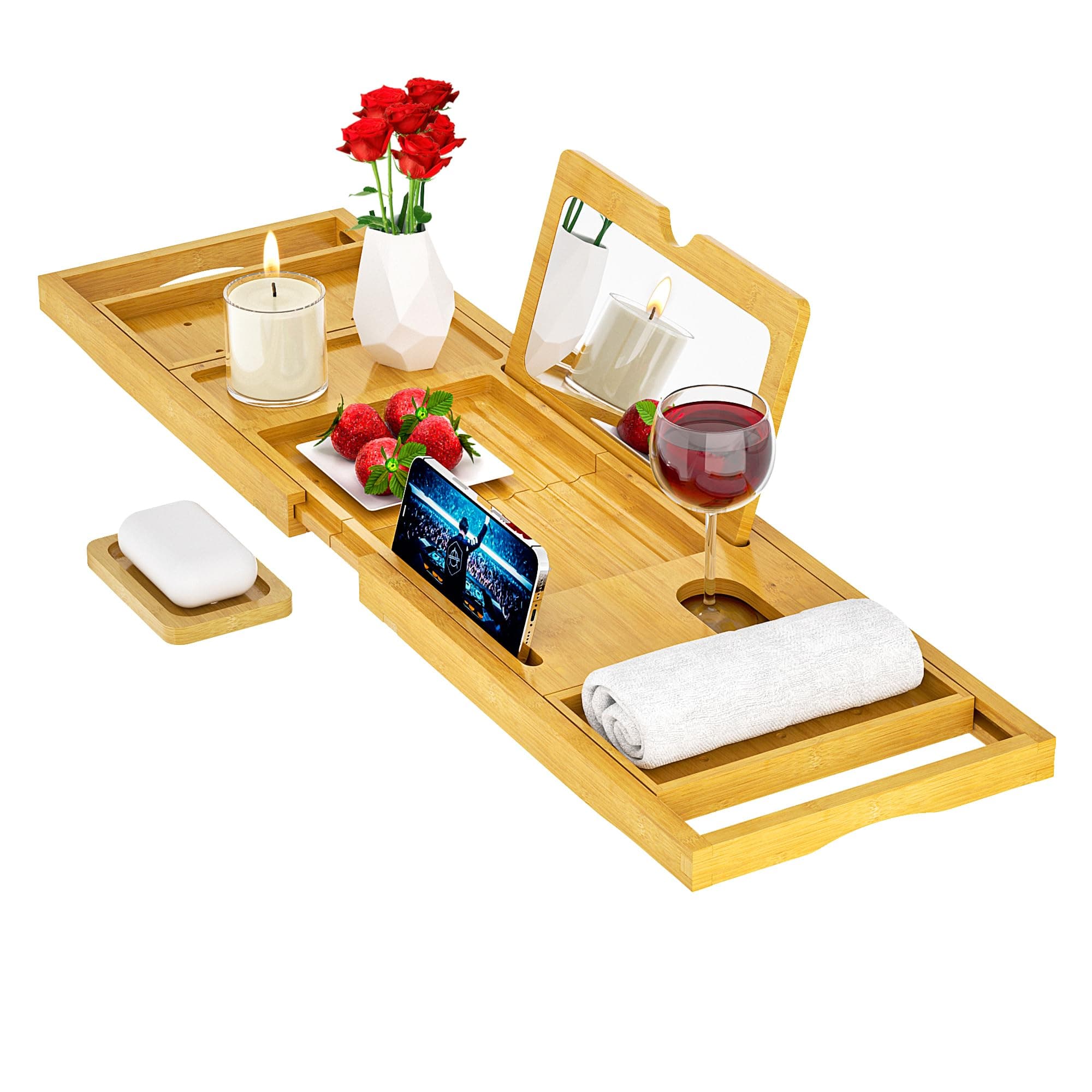 Premium Bathtub Tray Caddy with Makeup Mirror Bamboo - Bath Tray Expandable- Unique House Warming Gifts, New Home, Anniversary & Wedding Gifts for Couple, Bridal Shower Gift for Wome