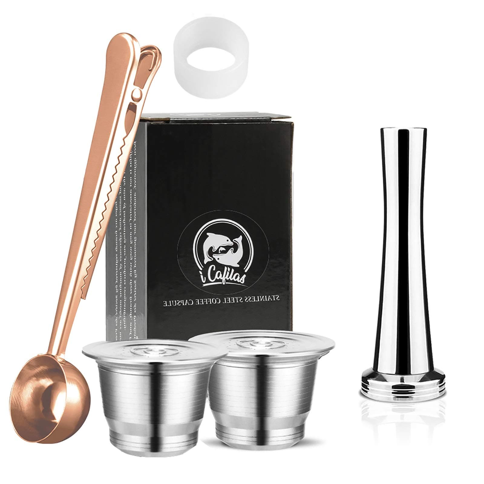i Cafilas Reusable Nepresso Capsules,Stainless Steel Refillable Coffee Pods Compatible for Nepresso Machine【OriginalLine】Durable Metal Reusable Coffee Pods (2 Pods,1 Tamper,1 Coffee fillter,1 Spoon)