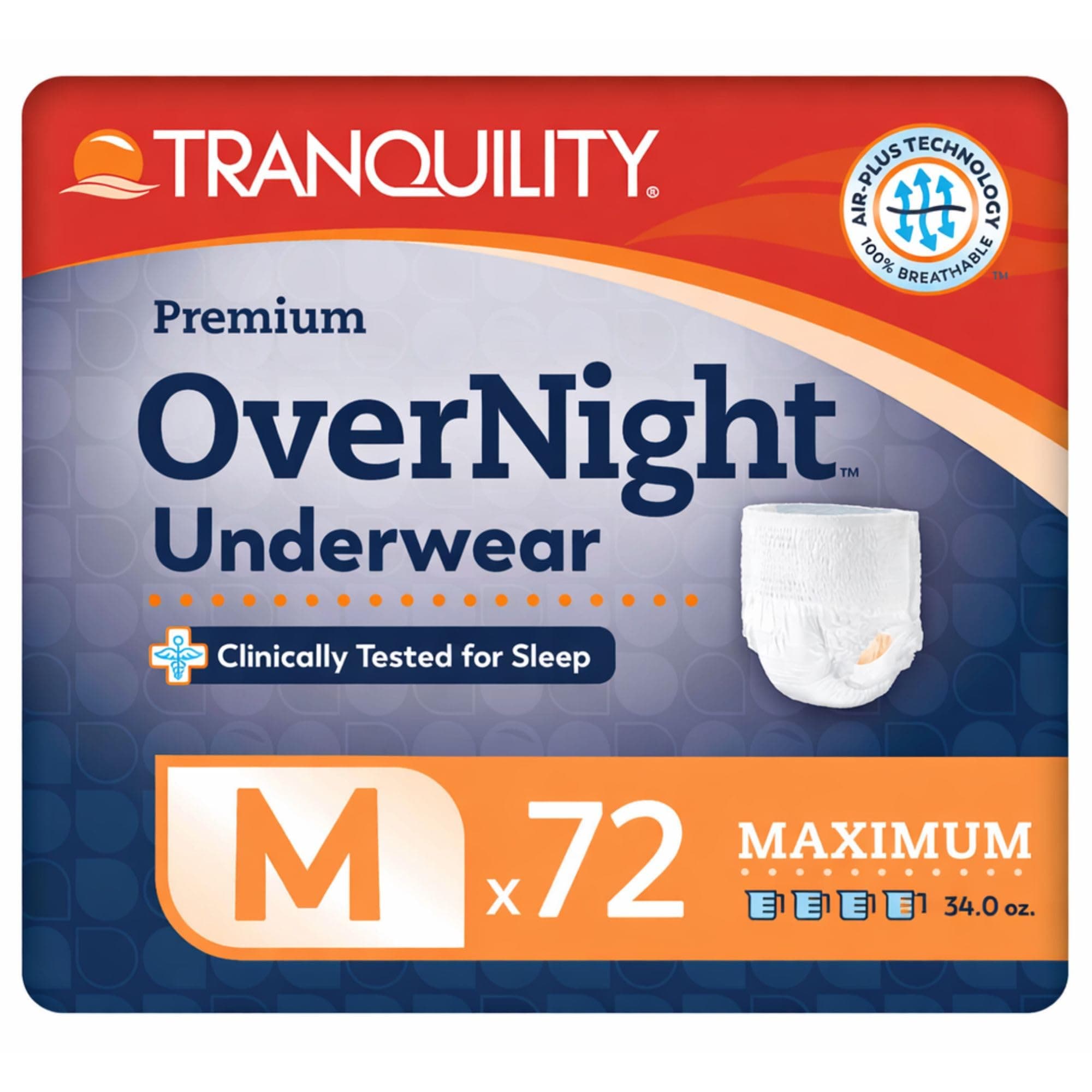 Tranquility Premium OverNight Disposable Absorbent Underwear (72 Count) - M, 34-48 in. Waist - Maximum Absorbency, All-Night Sleep, Breathable Comfort, 72 Adult Diapers