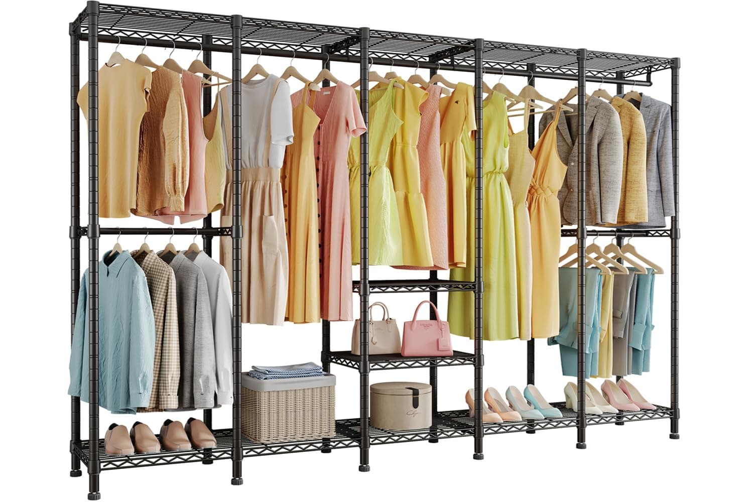 H5 Extra Large Wire Garment Rack, Heavy Duty Clothes Rack, Freestanding Clothing Rack for Hanging Clothes, Wardrobe Closet with Adjustable Shelf, 93.3" Wx15.7 Dx75.4 H, Black, Load 1400 lbs
