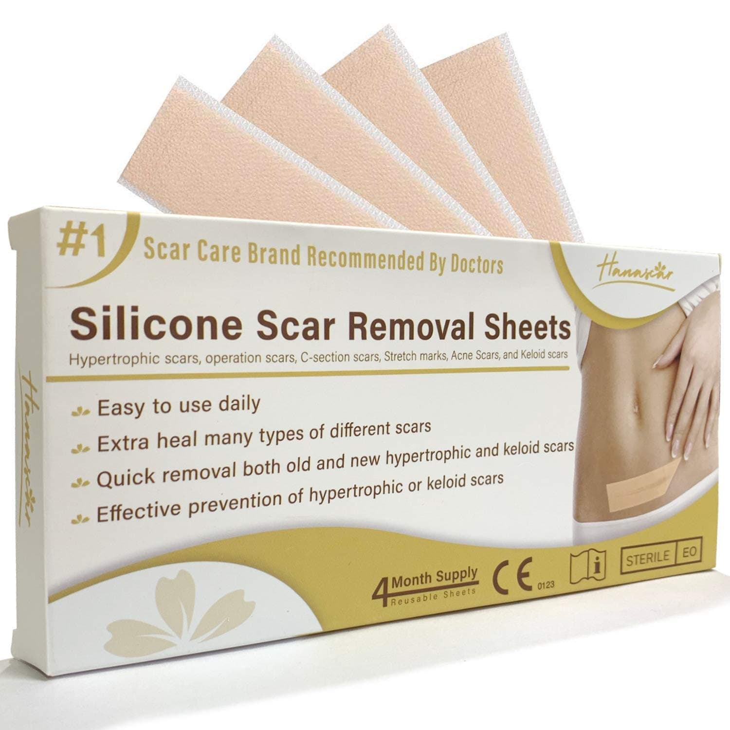Professional Silicone Scar Removal Sheets, Treat Scars Caused by C Section, Surgery, Burn, Injuries, Acne, and Stretch Marks, Works on Old and New Scars, 5.7x1.57, 4 Reusable Sheets