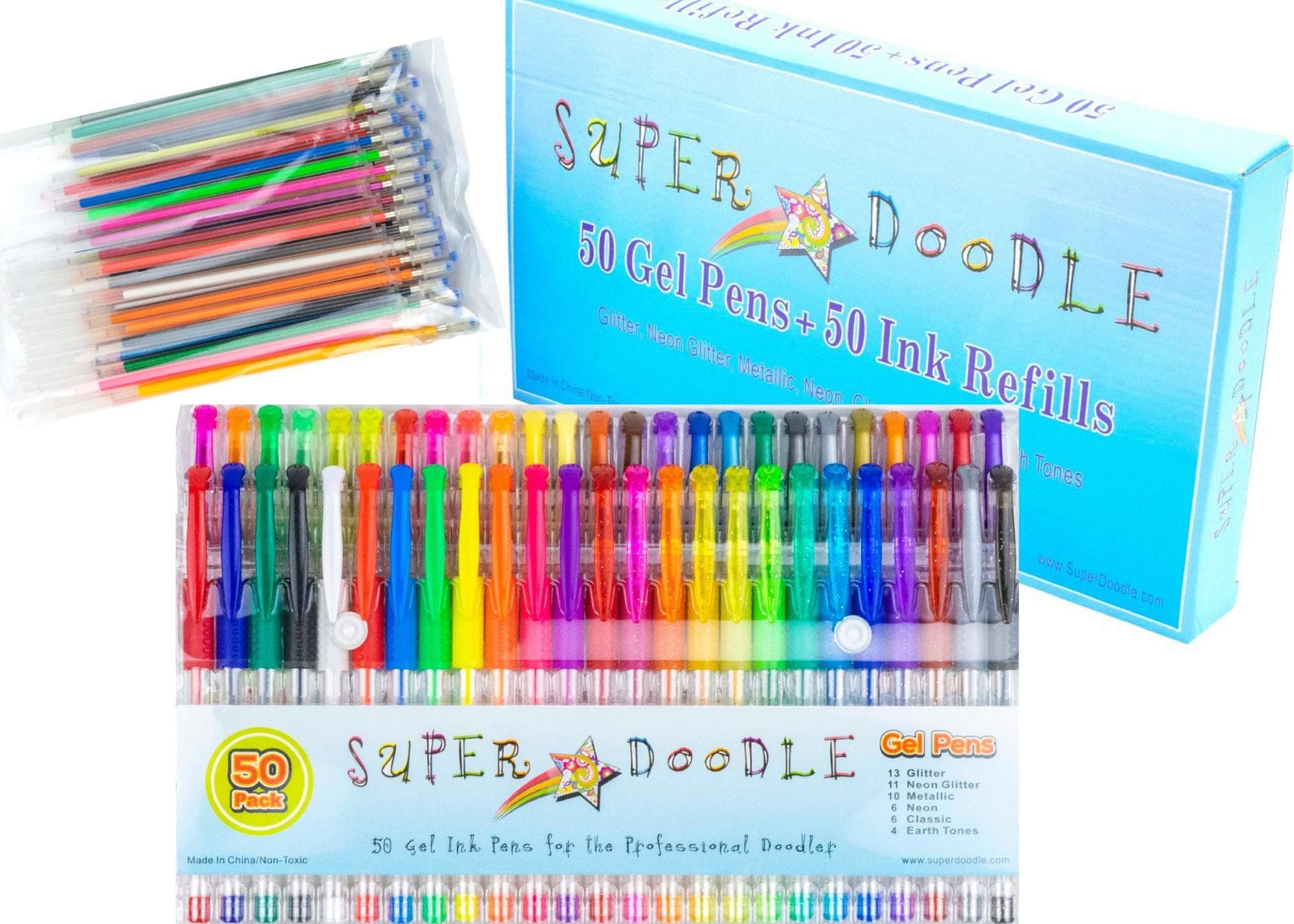 100 Variety Gel Pen Coloring Set- Includes 50 Unique Color Gel Pens + 50 Matching Refills + NEW Gift Box (Brown Earth Tones, Glitter, Metallic, Neon, and Classic Colors)