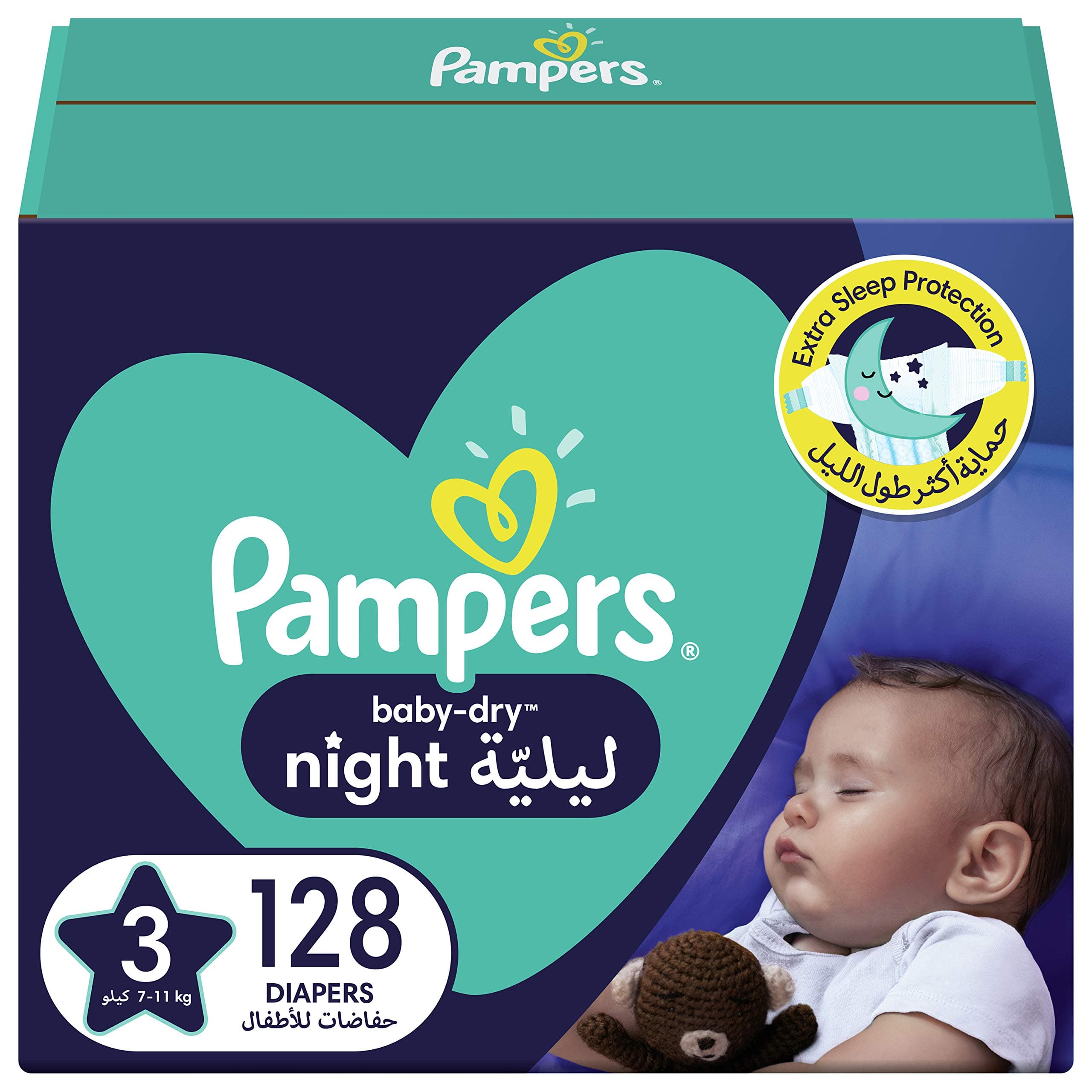 Baby-Dry Night Diapers for Extra Sleep Protection, Size 3, 7-11kg, 128 Diaper Count