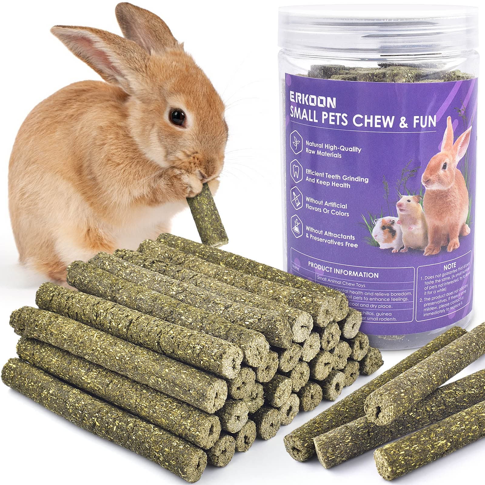 ERKOON 38 Pcs Timothy Grass Chew Sticks, Bunny Gnaw Toys for Teeth, Natural Timothy Hay Sticks Chinchilla Chew Toy for Rabbits, Guinea Pigs, Gerbil, Hamster