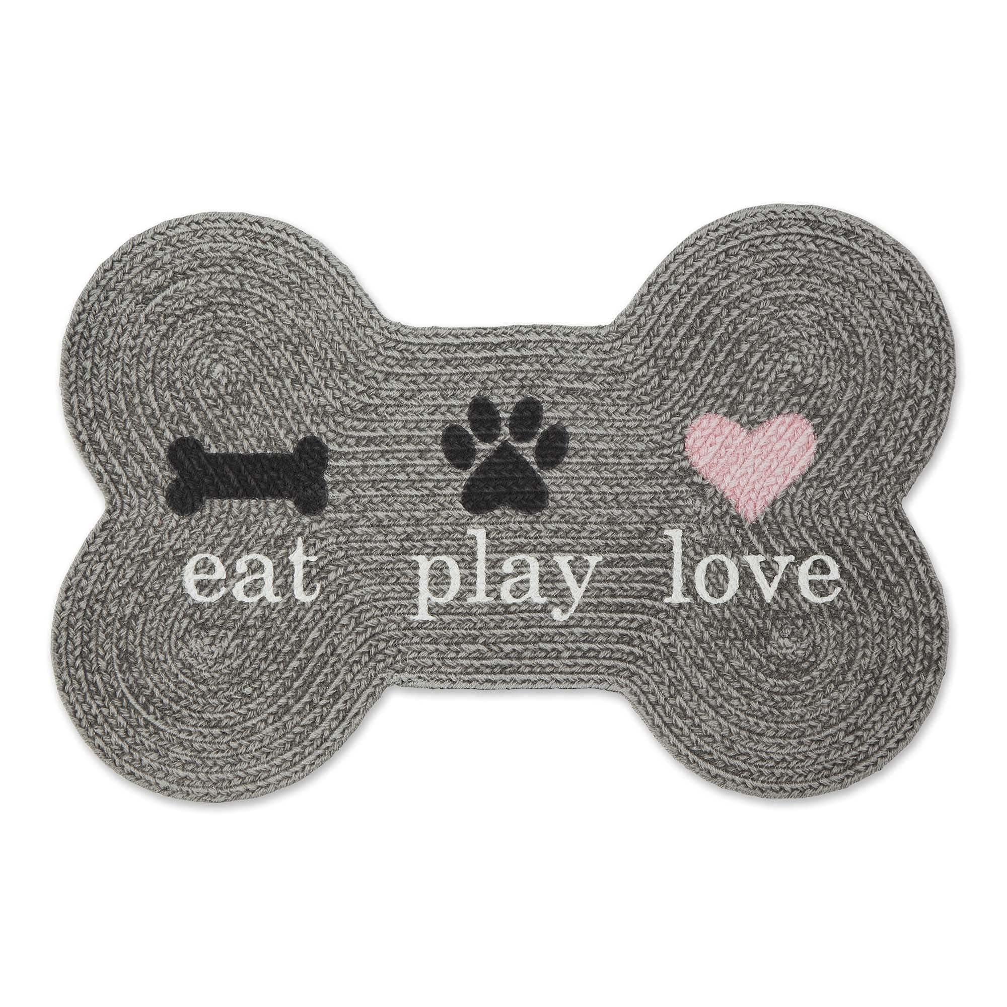 DII Braided Pet Mat Collection 100% Cotton, Bone Shape, Gray Eat Play Love