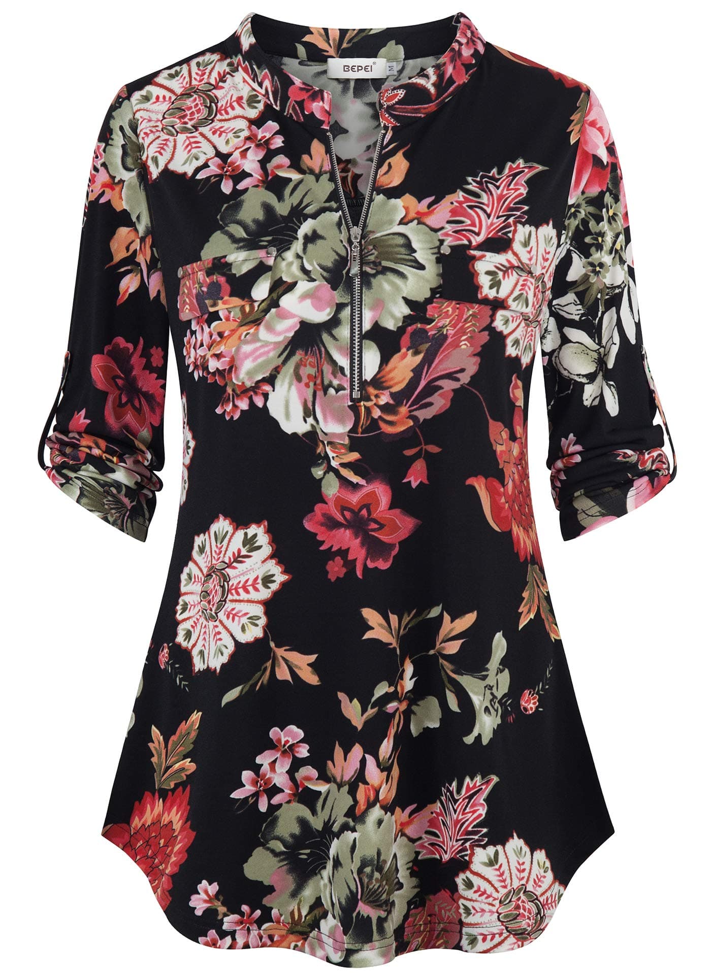 BEPEIWomens Floral 3/4 Sleeve Shirts Zip up V Neck Work Chiffon Blouses Top