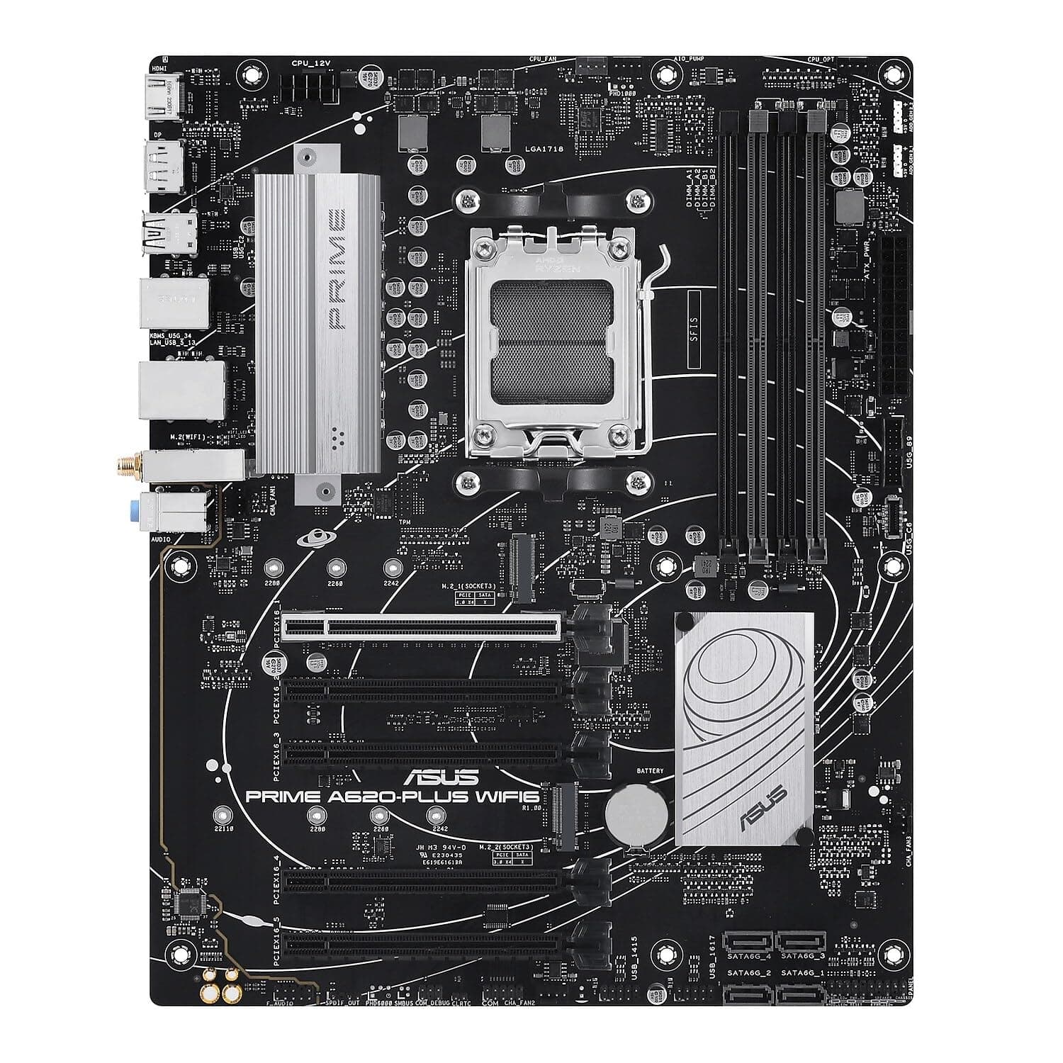 Prime A620-PLUS WIFI6 AMD A620 AM5 ATX Motherboard, DDR5, PCIe 4.0, Dual M.2 Slots, WiFi 6, DisplayPort/HDMI™, Rear & Front USB 5Gbps Type-C, SATA 6 Gbps, Two-Way AI Noise Cancelation, Aura Sync