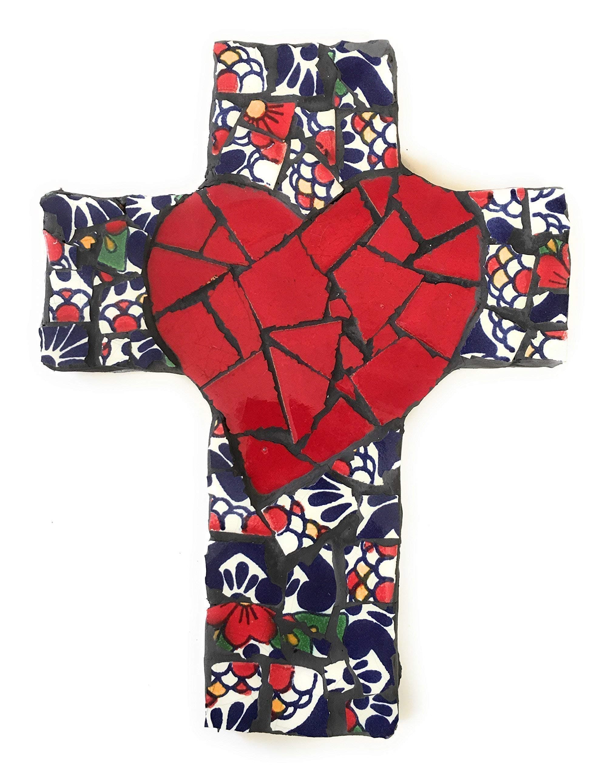 Mexican Tile Talavera Wall Cross Mosaic Red Heart with Multi colored Ceramic tile