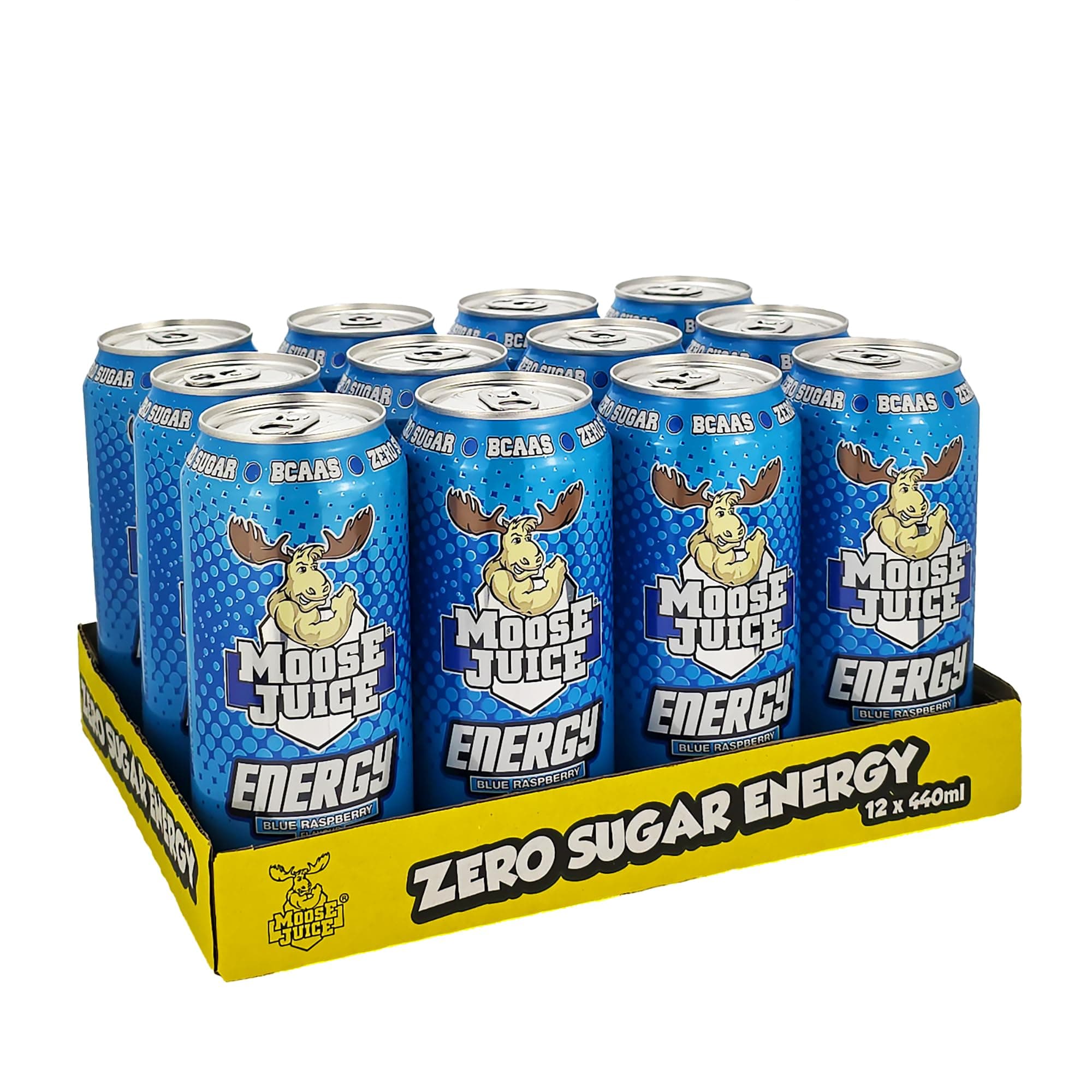 Moose Juice // Clean Energy + BCAA Drink // Only 14 kcal // 141mg Caffeine // Zero Sugar & Aspartame // Vitamins // Blue Raspberry Flavour // 12 x 440ml Cans