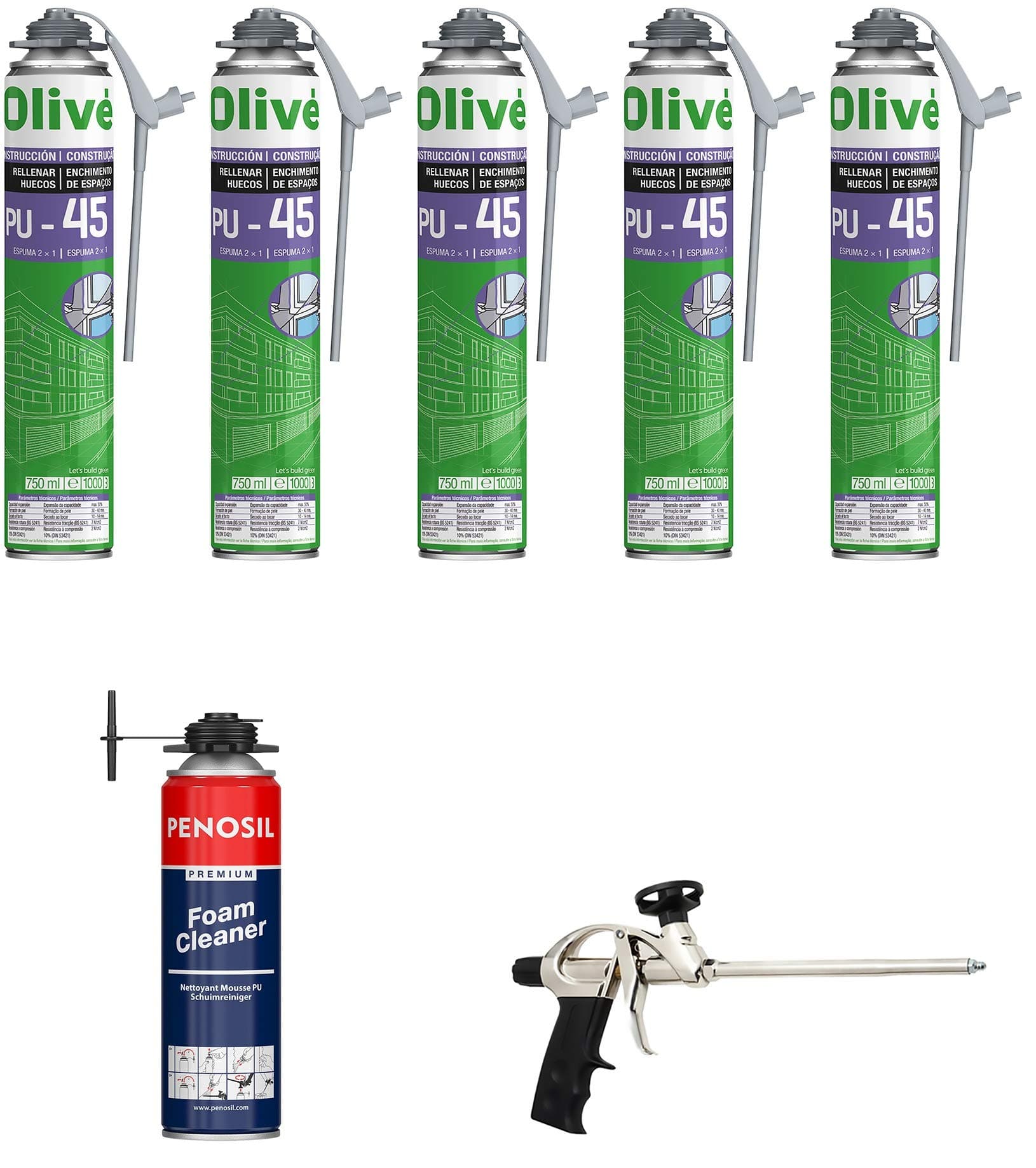 Pack of 5 x 750 ml expanding polyurethane foam canisters for spray guns + 1 spray gun and 1 cleaner