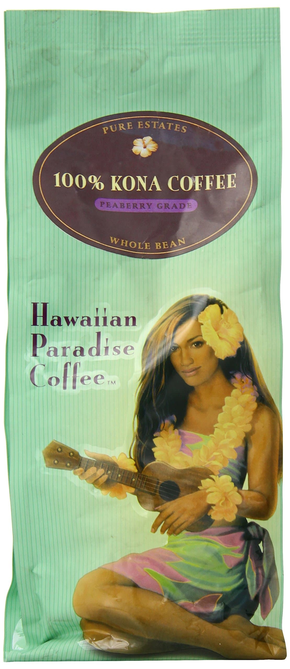 Hawaiian Paradise Coffee 100% Kona Whole Bean Coffee, Peaberry Grade, 7 Ounce