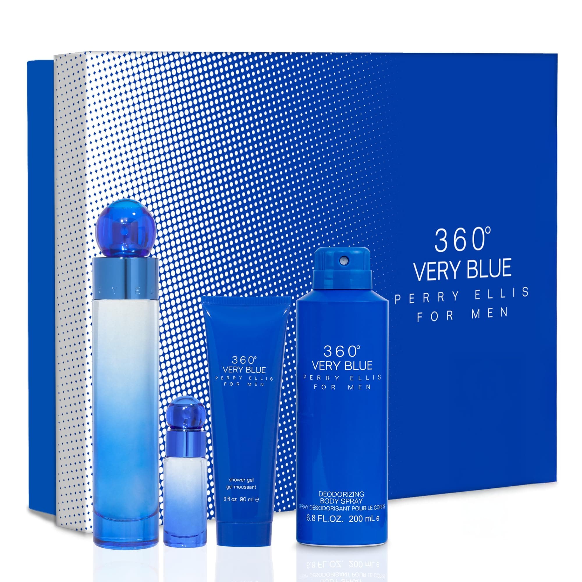 Perry Ellis 360 Very Blue 4 Pieces Gift Set for Men, (3.4 Ounce Eau de Toilette Spray + 6.8 Ounce Body Spray + 3.0 Ounce Shower Gel + 0.25 Ounce Eau de Toilette Spray)