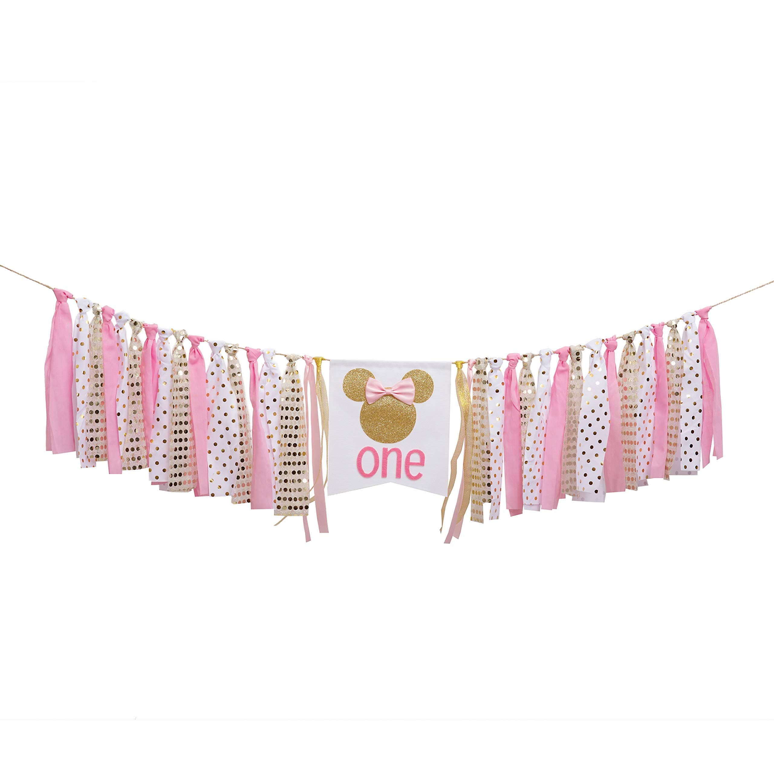 Pink and gold Minnie Mouse birthday banner, pink and gold Minnie Mouse highchair banner, pink and gold Minnie Mouse birthday decorations Girl 1st Birthday ,Photo Props Decoration, Baby Shower , Pink