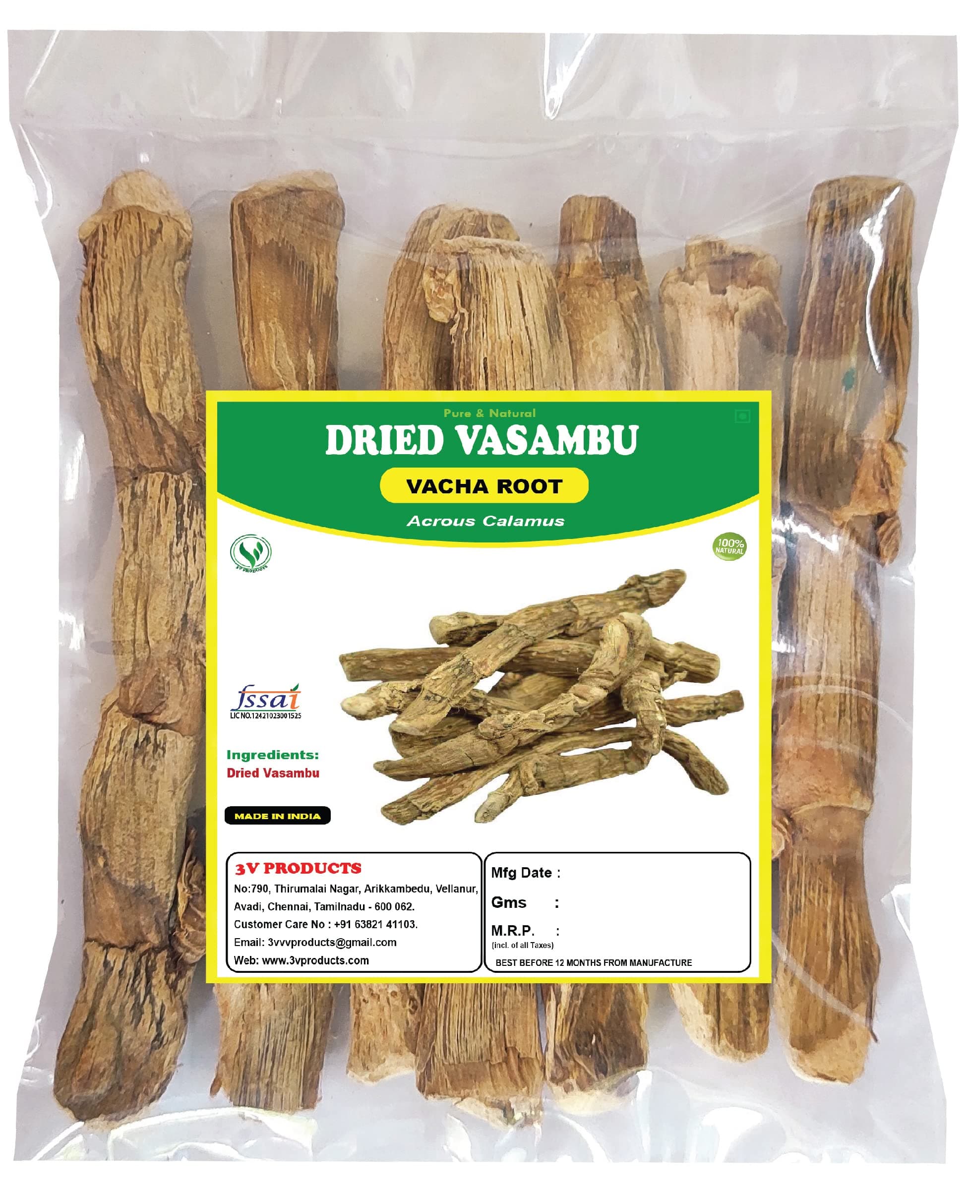 3V PRODUCTS Dried Vasambu | Vacha Root | Sweet Flag | Acrous Calamus | Vayambu Root - 100g