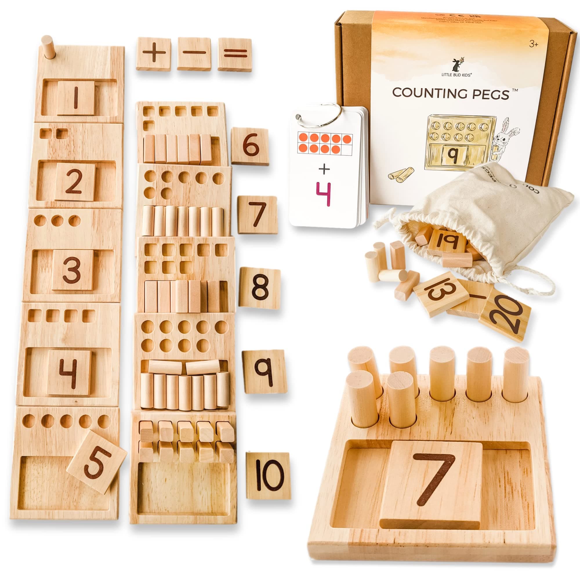 LITTLE BUD KIDS Counting Pegs - A Ten Frame Math Game with Addition and Subtraction Flash Cards, A Wooden Montessori Math Toy & Math Manipulatives Number Peg Boards for Kids 3 4 5 6 7