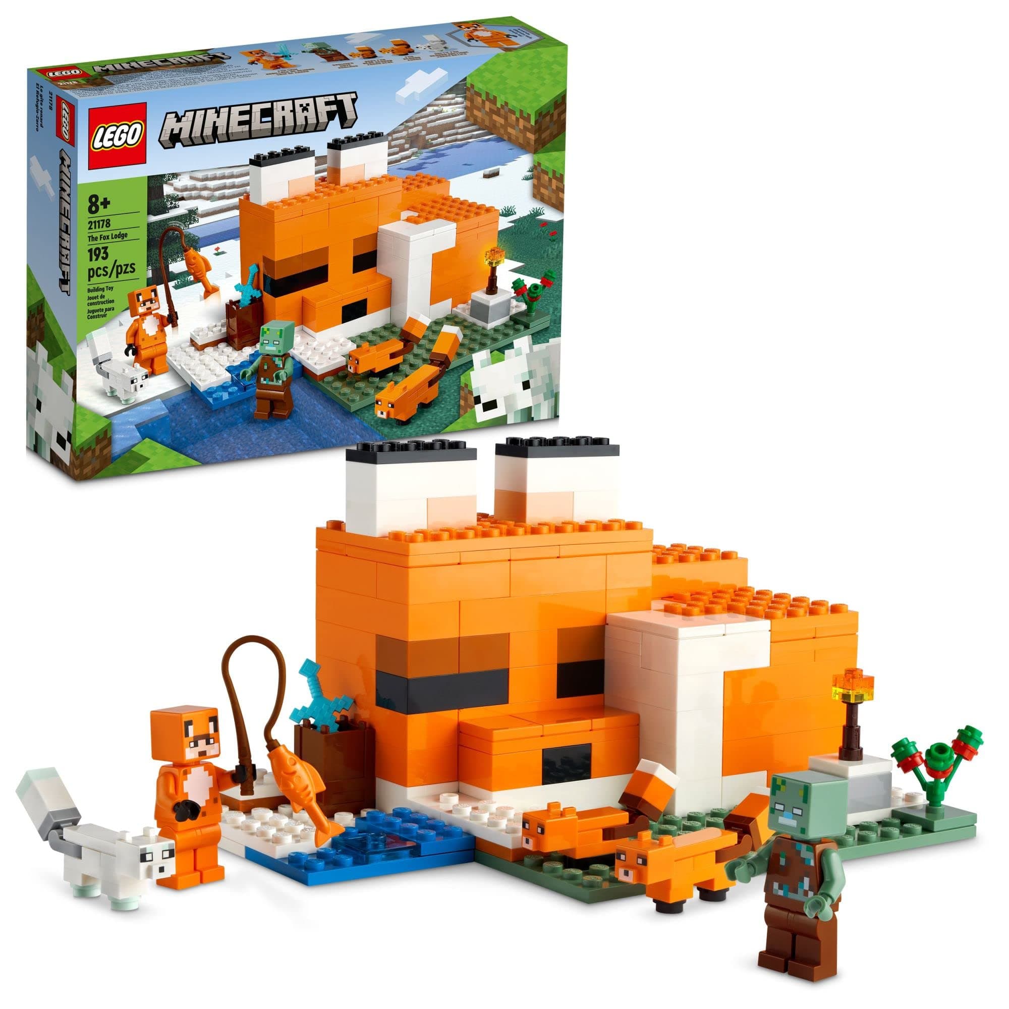 Minecraft The Fox Lodge House 21178 Animal Toys with Drowned Zombie Figure, Birthday Gift for Grandchildren, Kids, Boys and Girls Ages 8 and Up