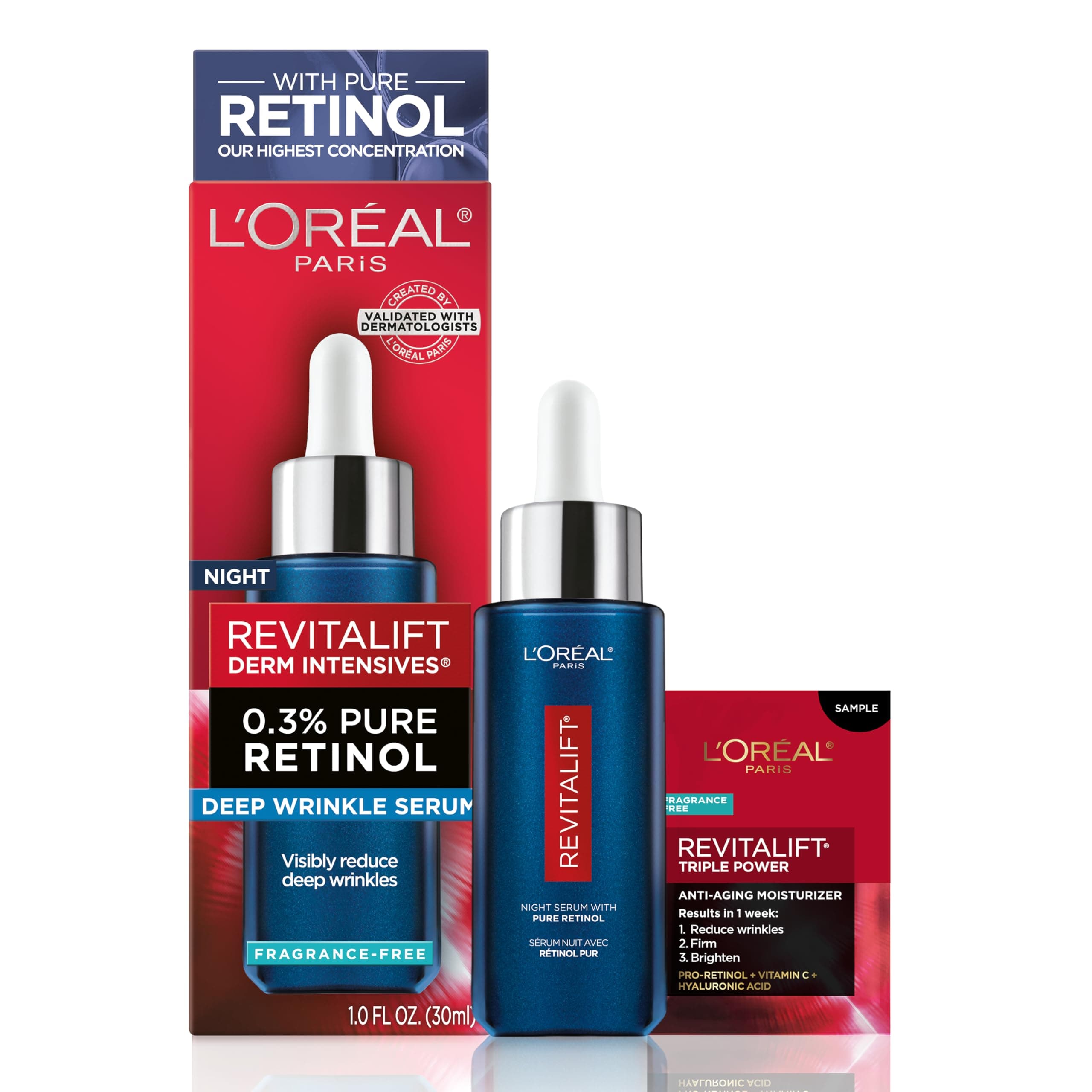 L’Oréal Paris L'Oreal Revitalift 0.3% Pure Retinol Night Serum, Reduce Deep Wrinkles, Fragrance Free 1 oz + Moisturizer Sample