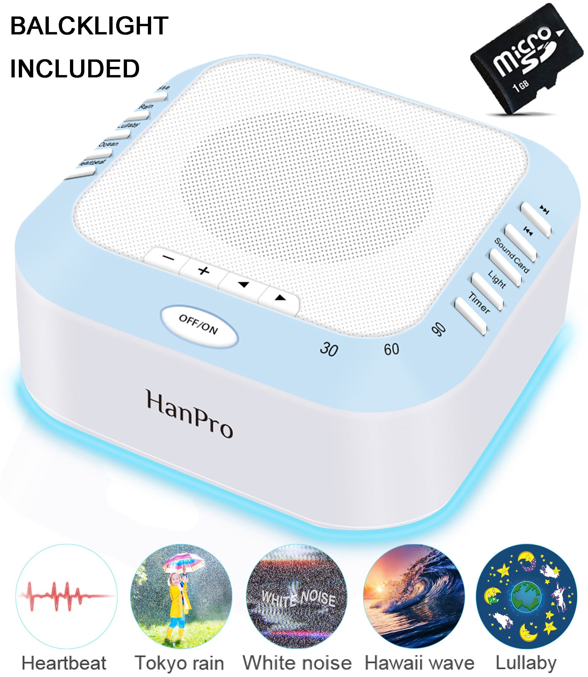 White Noise Sound Machine - 5 Natural Sound Options, Nighttime Light & Automaticly Timer Function, Idea for Tinnitus Sufferers, Light Sleepers & Infants etc. by HanPro