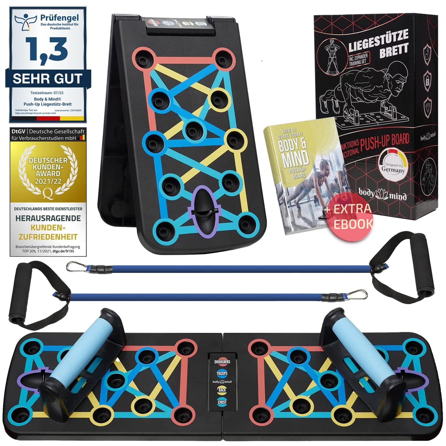 Body & Mind® Push-Up Board; Foldable Multifunctional Elite Rack Fitness Board for Full Body Training & Effective Pushups; Push-up Handles with Free Training Bands & E-Book