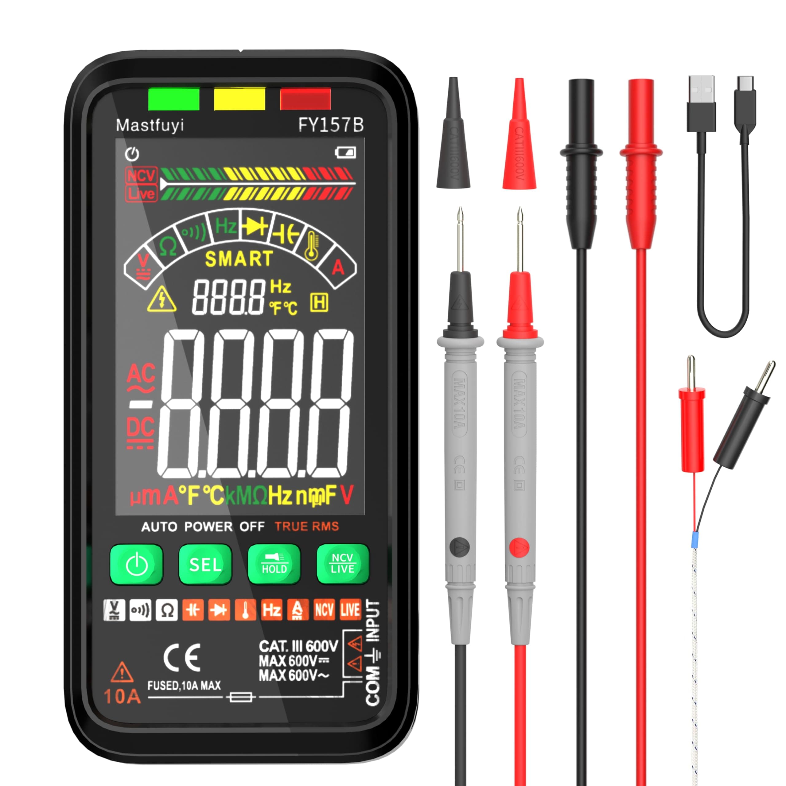 Multimeter Digital, Rechargeable Electrical Tester, NCV Intelligent Multi Tester, TRMS 6000, Overload Protection, Auto-ranging, Voltage, Current, Capacitance, Continuity, Frequency,Resistance