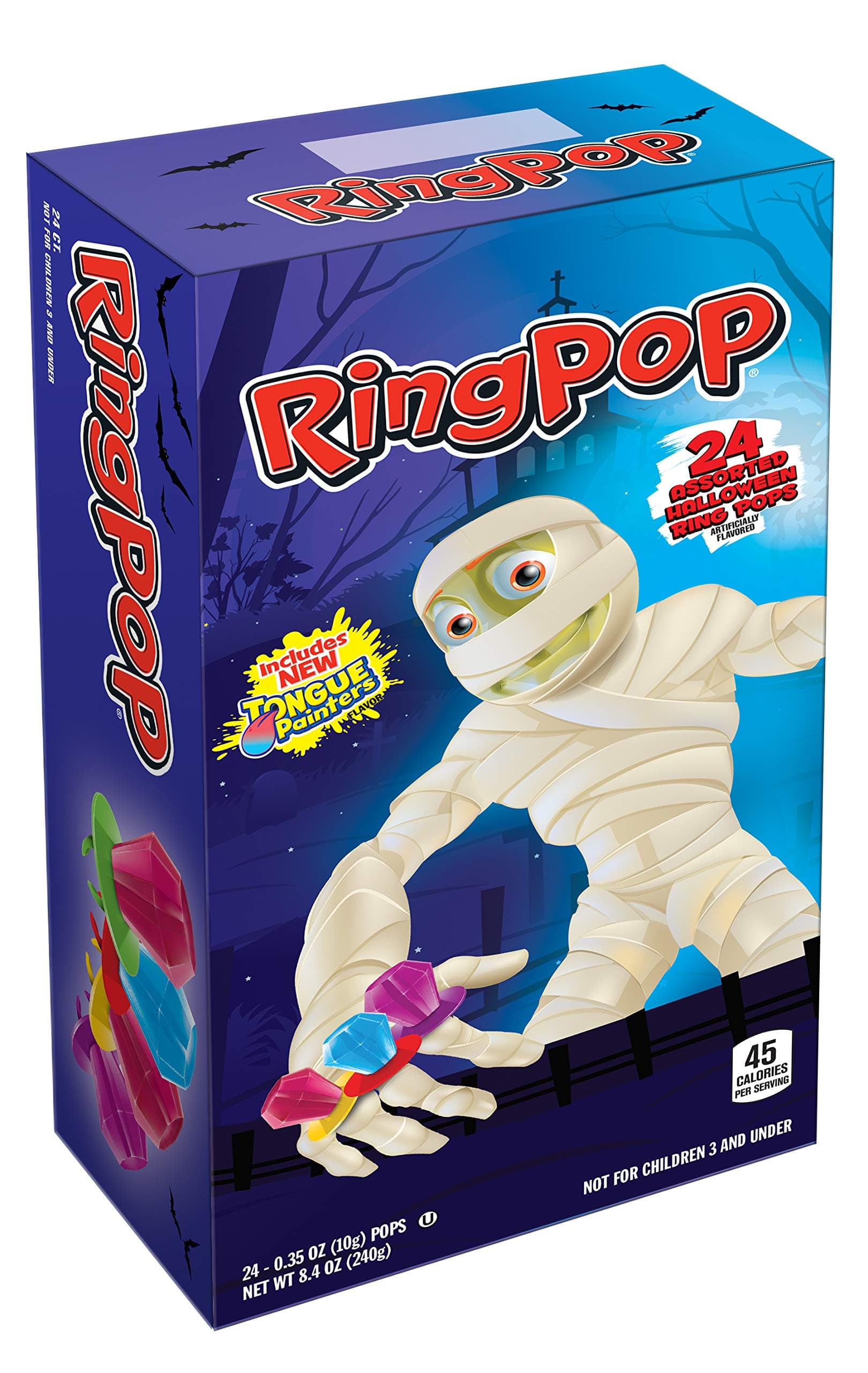 Bazooka (1) Box Ring Pop Halloween Edition Mummy Box - 24 Assorted Flavor Lollipops - Purpleberry Punch, Strawberry, Blue Raspberry - Net Wt. 8.4 oz