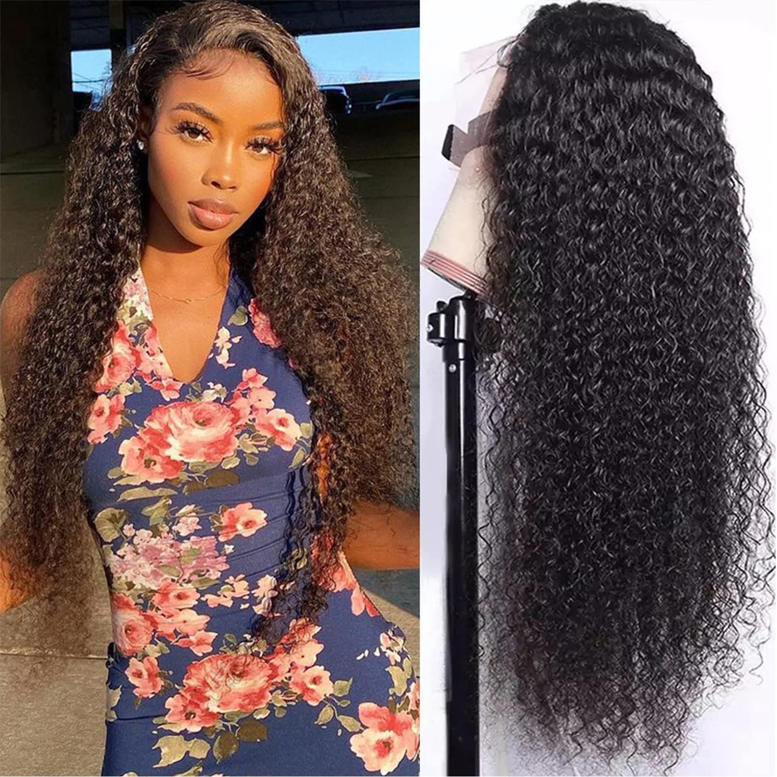 Lace Front Wigs Human Hair 13x4 Curly Lace Frontal Wig Human Hair Pre Plucked 180 Density Deep Curly HD Lace Front Wigs Human Hair Wigs for Black Women Human Hair Natural Color