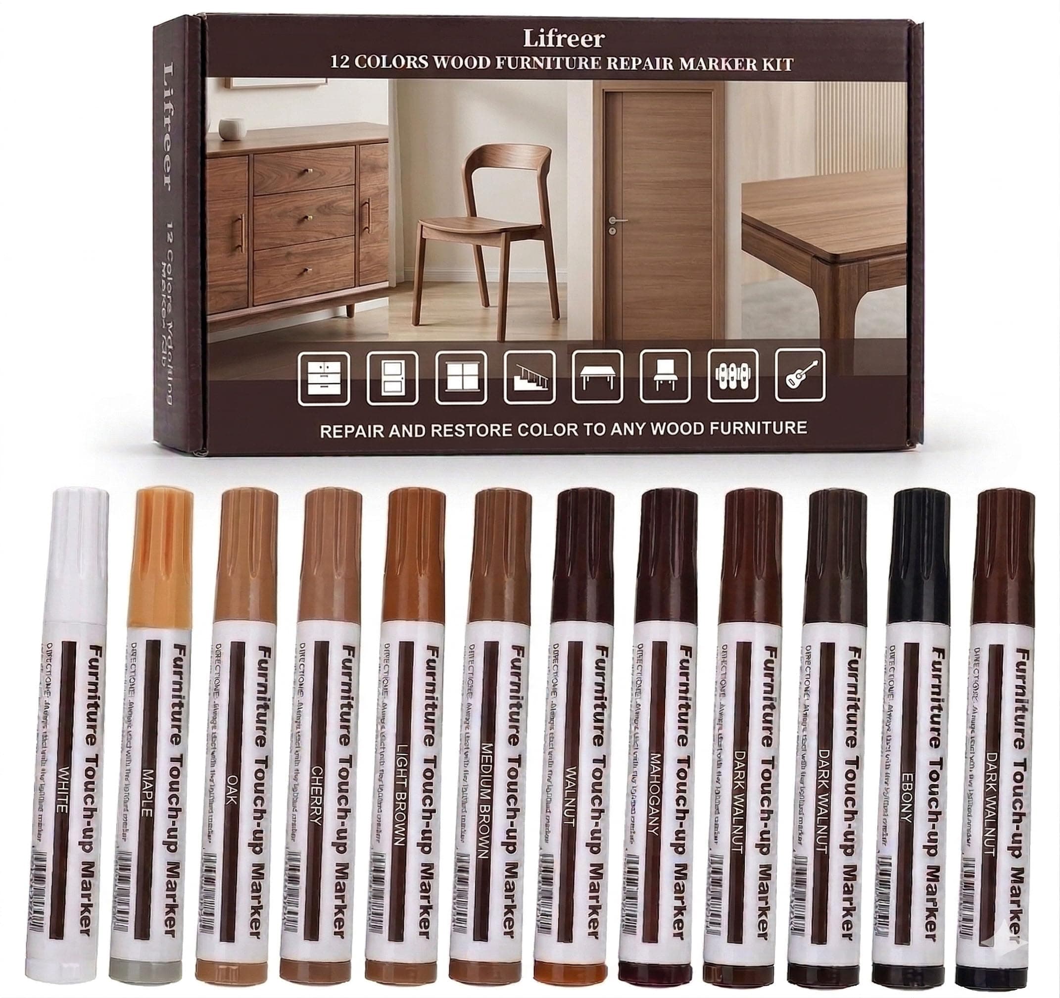 - 12 Colors Furniture Touch Up Markers, Wood Scratch Repair Markers for Scratches, Scuffs, Nicks on Furniture, Cabinets, Wood Floors, Tables, Doors, Trim & Bedposts