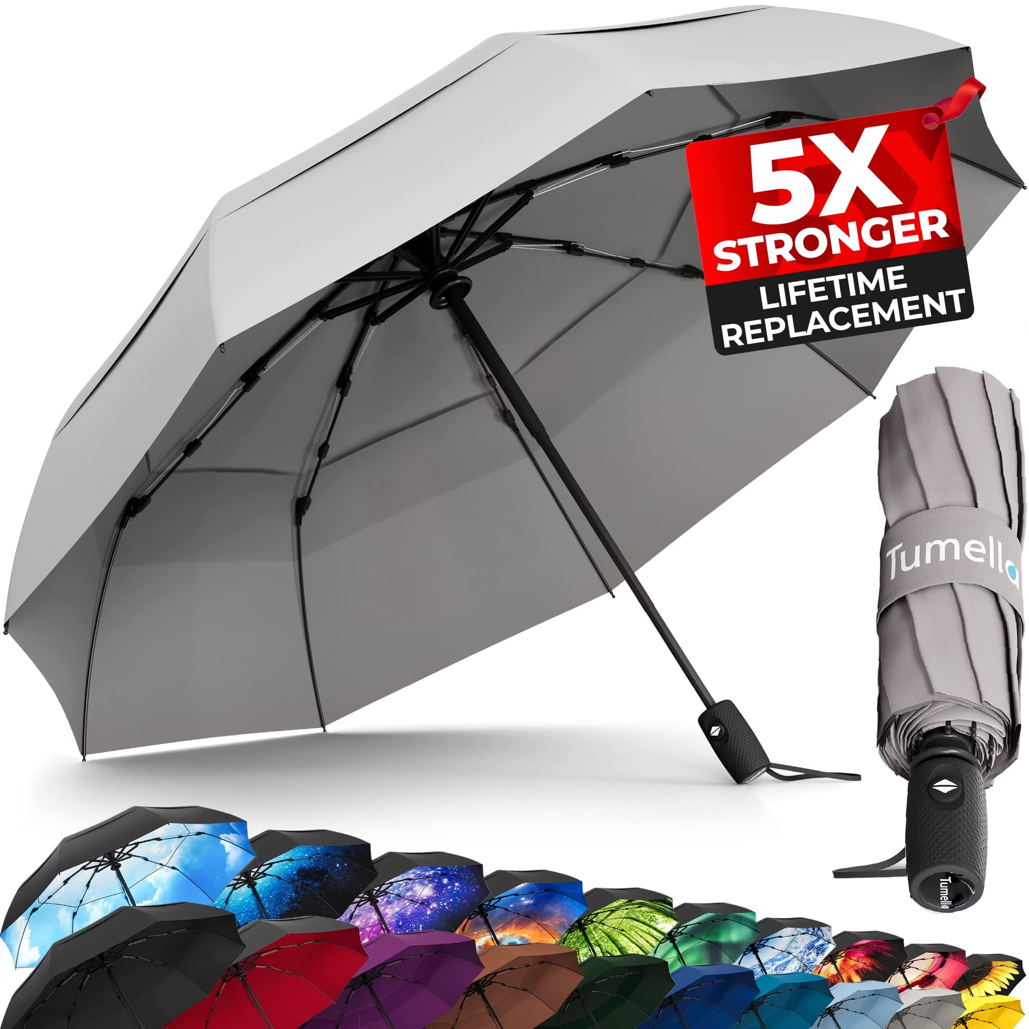 TUMELLA Strongest Windproof Travel Umbrella (Compact, Superior & Beautiful), Small, Wind-Tested, Light & Portable, Automatic Folding Rain Umbrella, Durable Premium Grip, Fits Car and Backpack