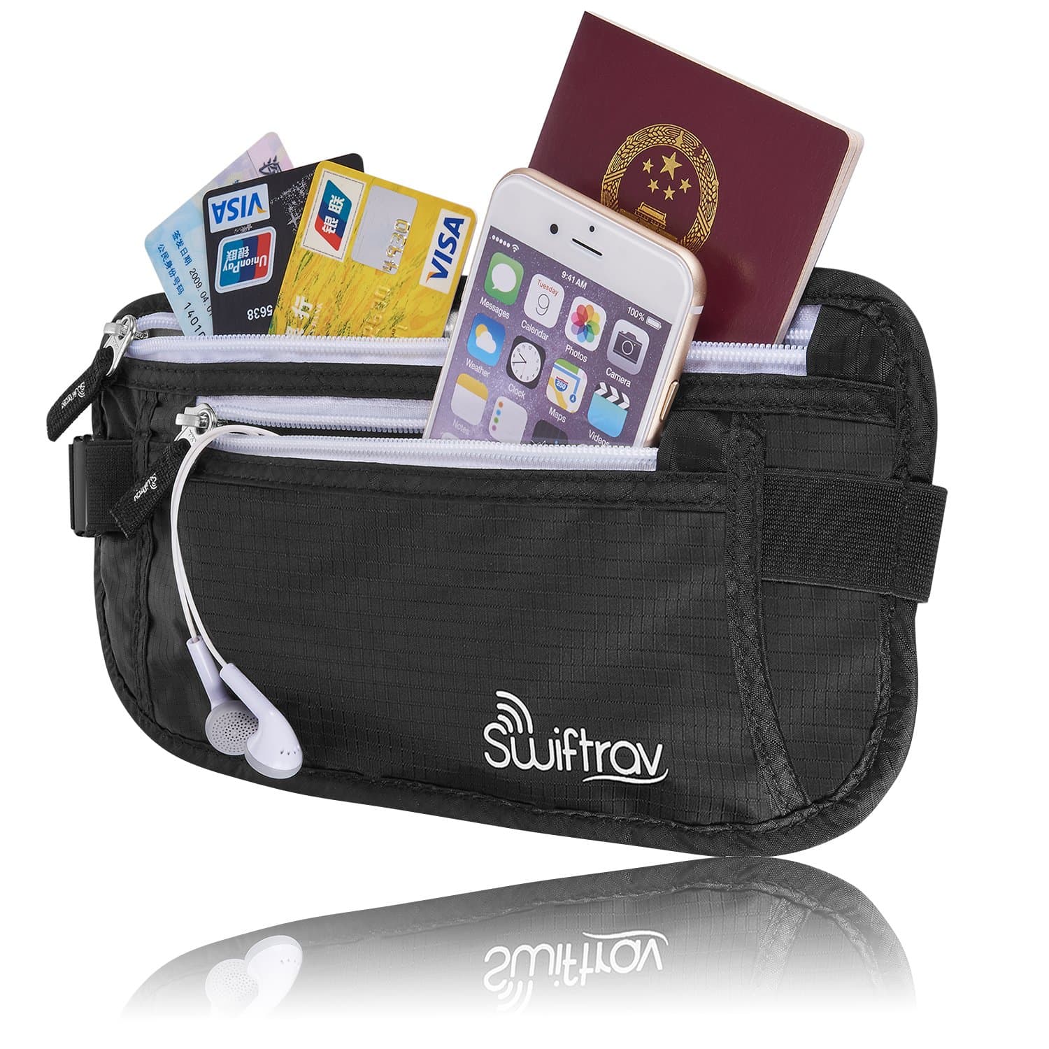 Swiftrav RFID Blocking Travel Money Belt Waist Stash, Undercover Safe for Credit Cards, Passport & Cash with Bonus Luggage Tag