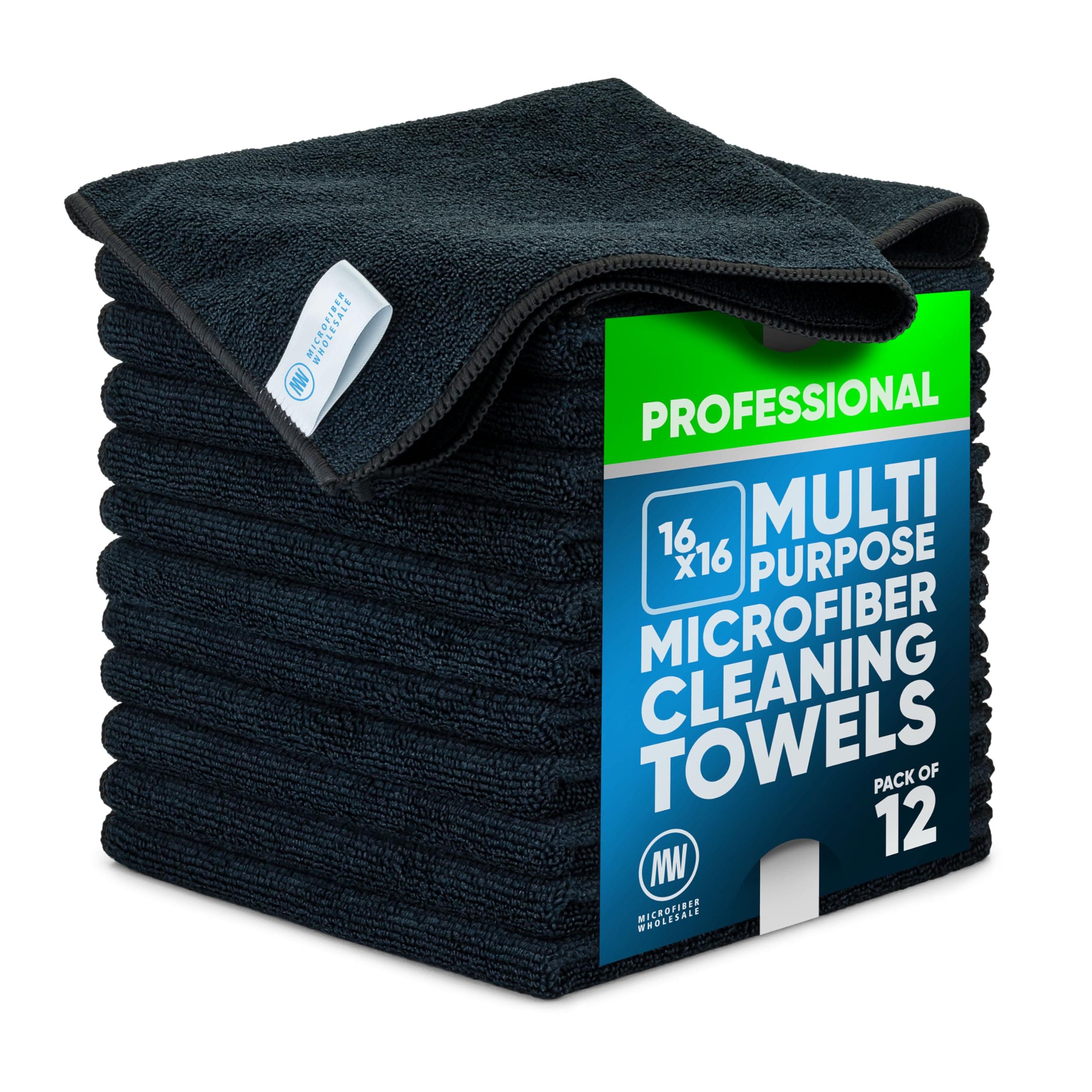 Buff Pro Multi-Surface Towel – 12 Pack | Premium Cleaning Cloth | Clean, Dust, Polish, Absorb | Large 16"x16" (Black)