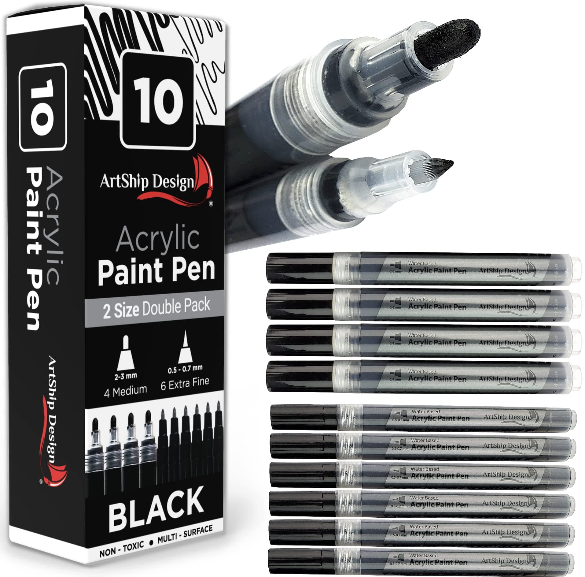 ArtShip Design 10 Black Acrylic Paint Pens, Double Pack of Both Extra Fine and Medium Tip Paint Markers, for Rock Painting, Mug, Ceramic, Glass, and Fabric Painting, Water Based Non-Toxic and No Odor