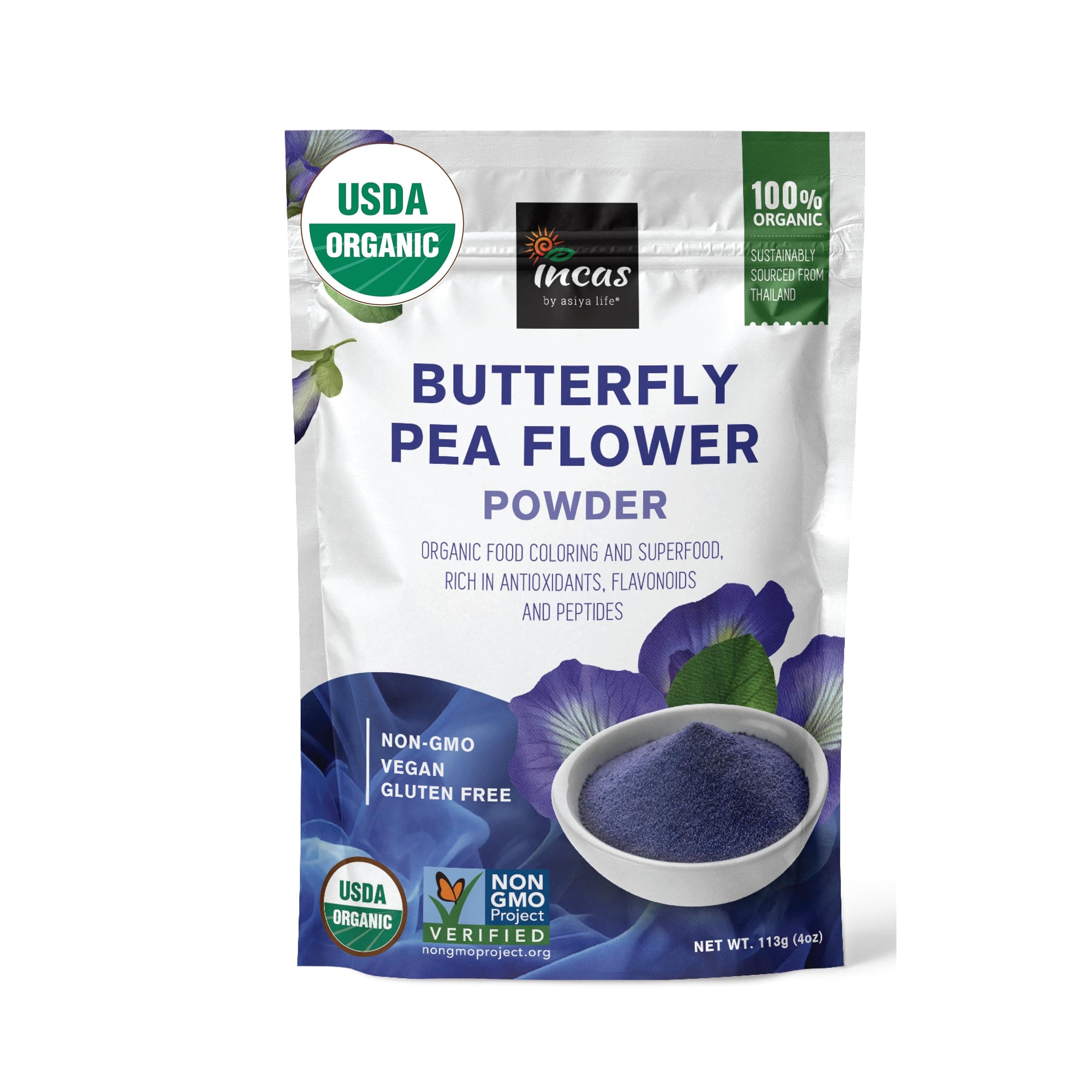 INCAS 100% USDA Organic Butterfly Pea Flower Powder (4 Ounce) | Organic Blue Matcha Tea | Non-GMO Verified Extract from Thailand | Natural Blue Food Coloring | Adaptogenic Raw Culinary | Vegan