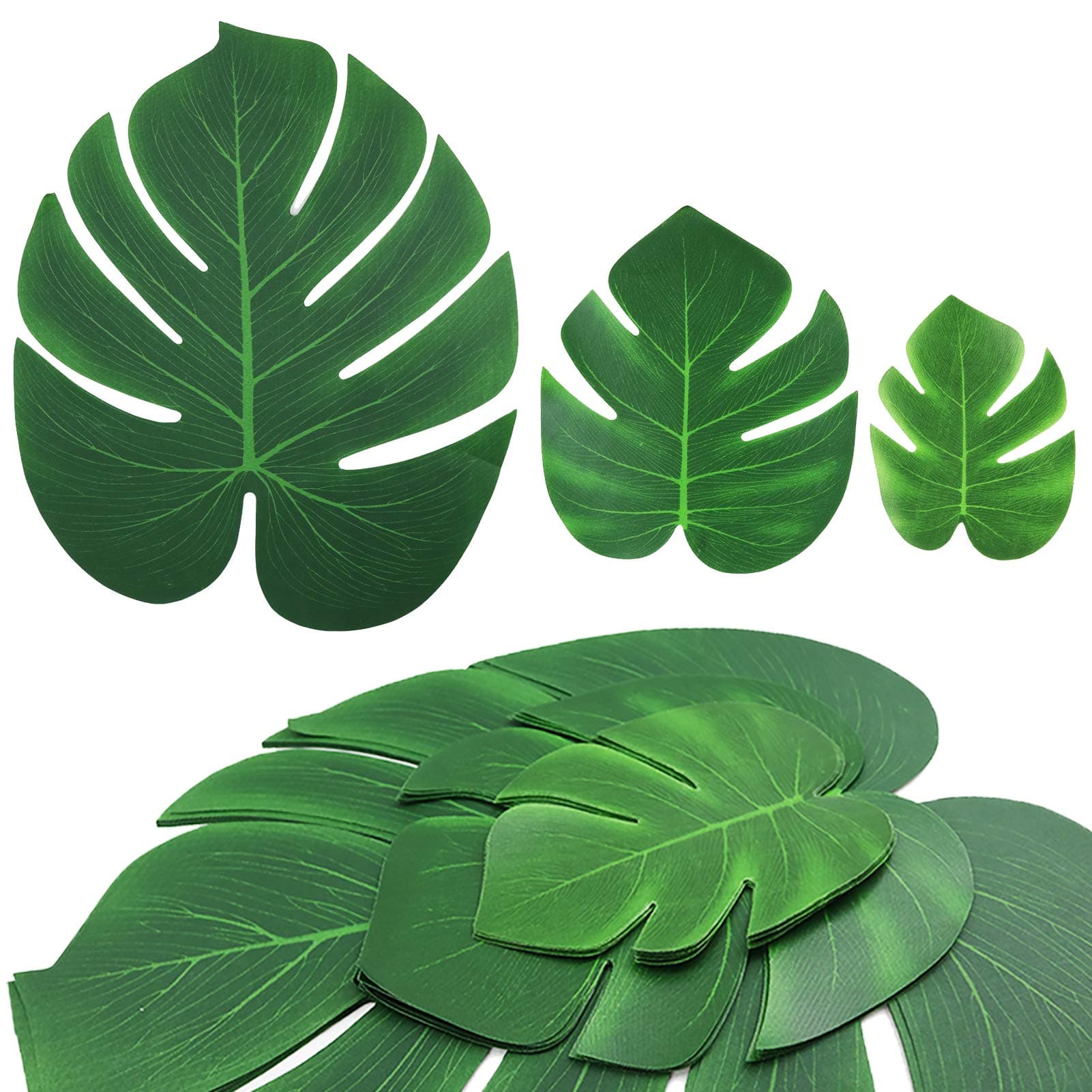 90 Pcs Artificial Tropical Palm Leaves Luau Party Decoration Monstera Fake Large Green Leaf for Hawaiian Luau Party Decorations Jungle Beach Birthday Theme BBQ Party Supplies (3 Size)