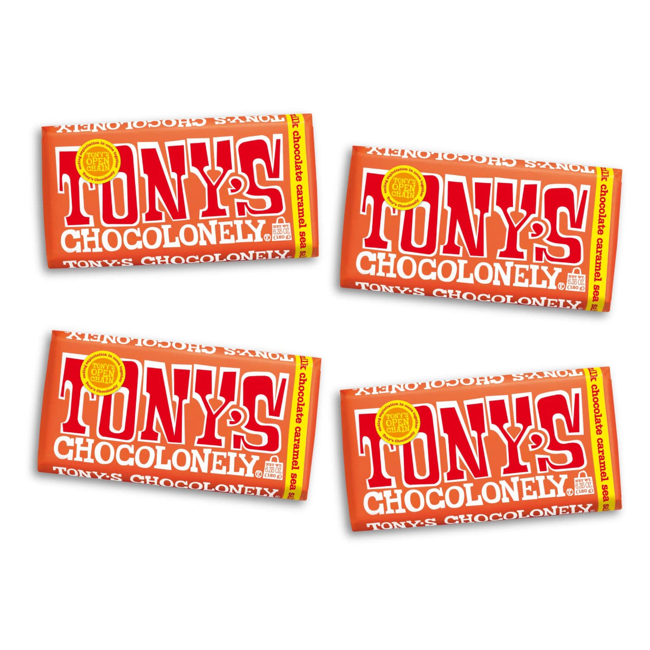 Tony’s Chocolonely Belgian Milk Chocolate Candy Bar With Caramel & Sea Salt, Chocolate Bars for Snacks, Party Favors, or Gifts, 32% Cacao, Made From Quality Fairtrade Cocoa, 4 Bars, 6.35 Oz Each