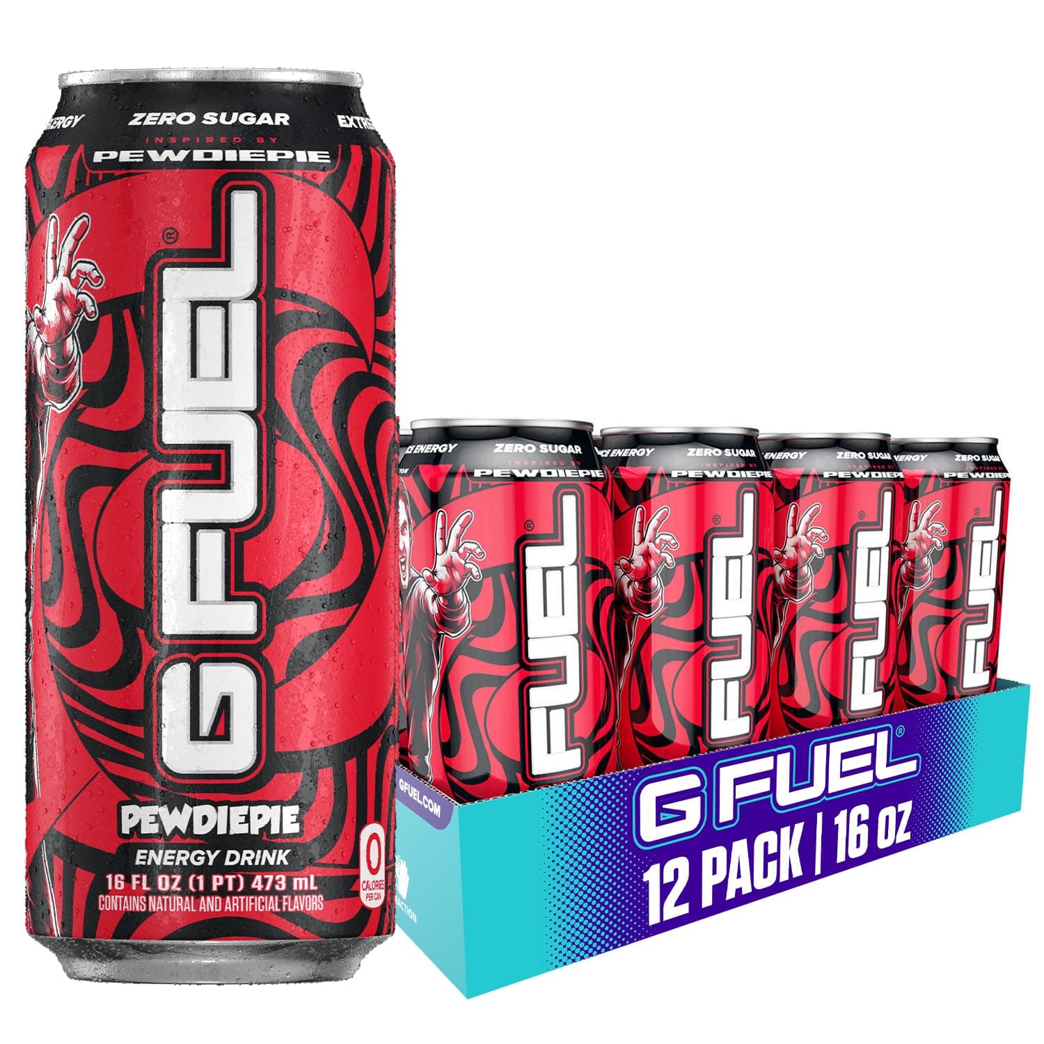 PewDiePie Energy Drink, Sugar Free, Healthy Drinks, Zero Calorie, 300 mg Caffeine per Carbonated Can, Lingonberry Fruit Flavor, Focus Amino, Vitamin + Antioxidants Blend - 12 Pack