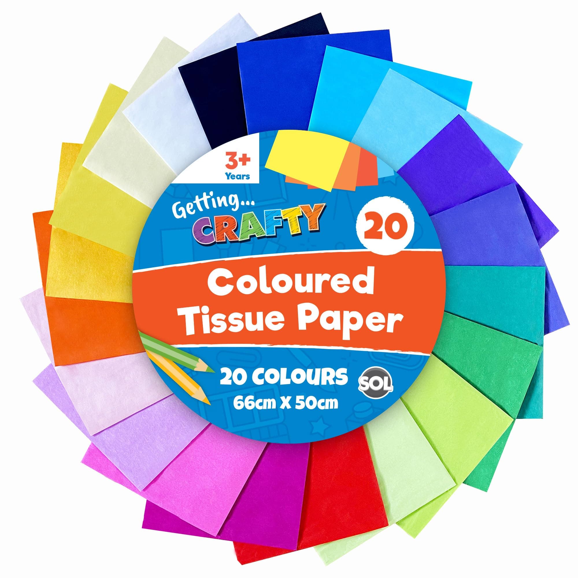 SOL 20pk Coloured Tissue Paper for Wrapping Gifts 66x50cm Sheets for Packaging, Crafting for Kids, Arts, Gift Boxes & Bags - Bright Rainbow Coloured Art Papers, Gift Wrapping & Party Decorations