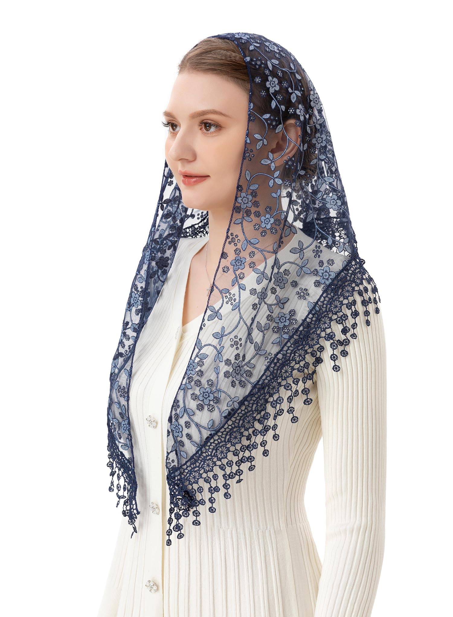 PAMOR Triangle Lace Veil Mantilla Cathedral Head Covering Chapel Veil for Mass Wedding Bridesmaids