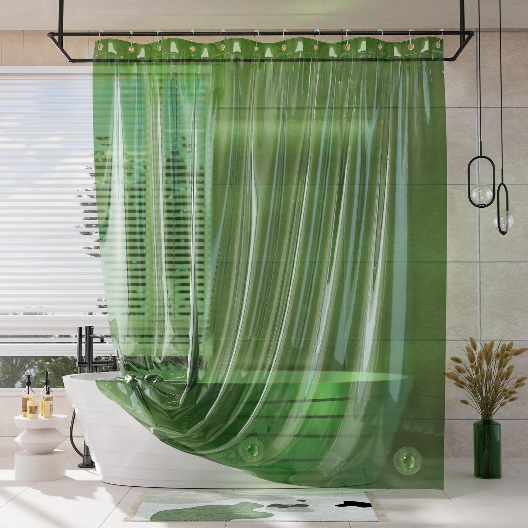 AmazerBath Shower Curtain Liner for Spring, 100% EVA Clear Green Heavy Duty Luxury Shower Curtain and Liner 2-in-1, 72x72 Plastic Weighted Shower Liner, 12 Rustproof Grommets & 3 Heavyweight Stones