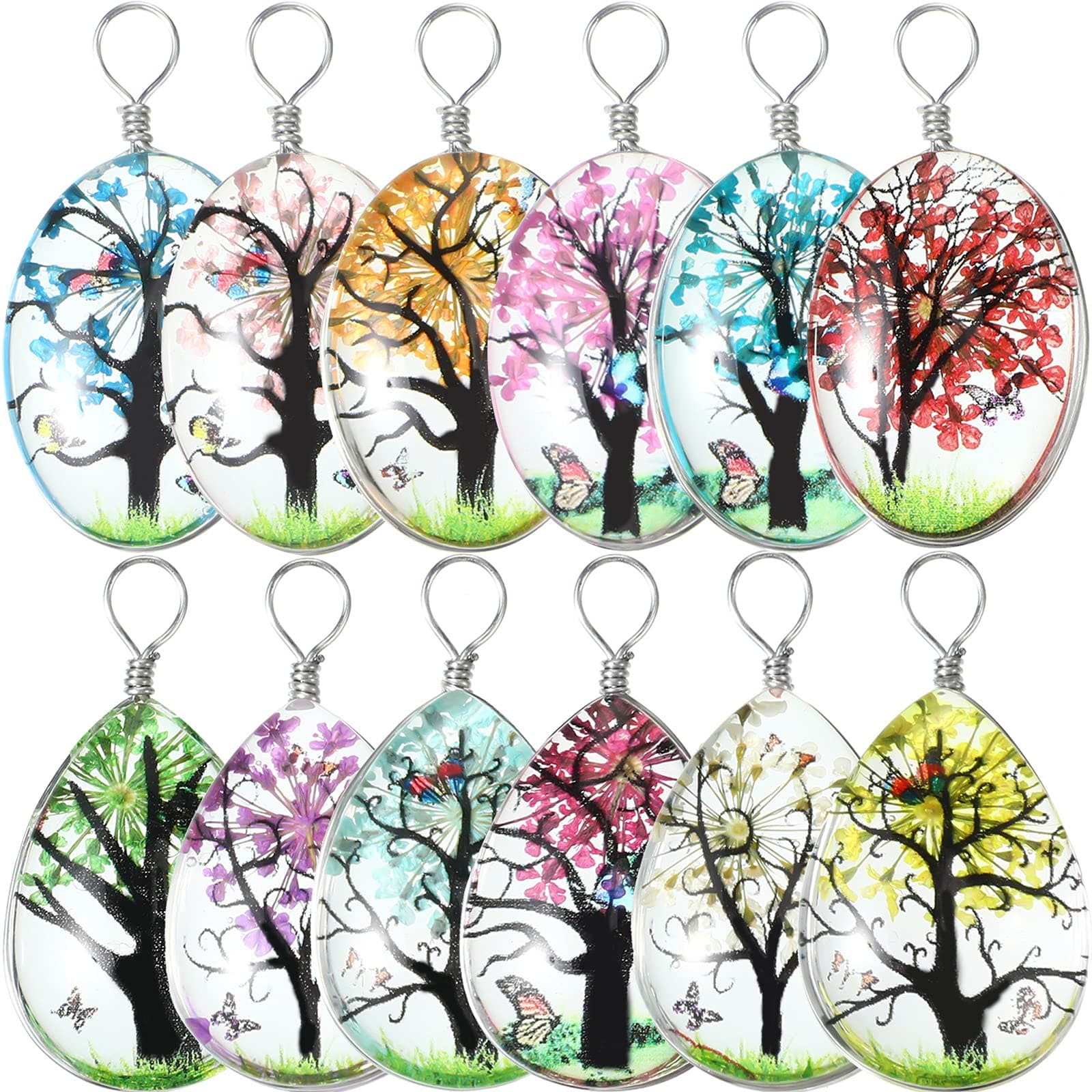 12 Pieces Dried Flower Tree Pendant Charms Resin Dried Pressed Flower Pendant Water Drop Glass Beads Lacework Floating Ornament Mixed Color for Making Jewelry Craft DIY Necklace, 0.7 x 1 x 0.3 Inch