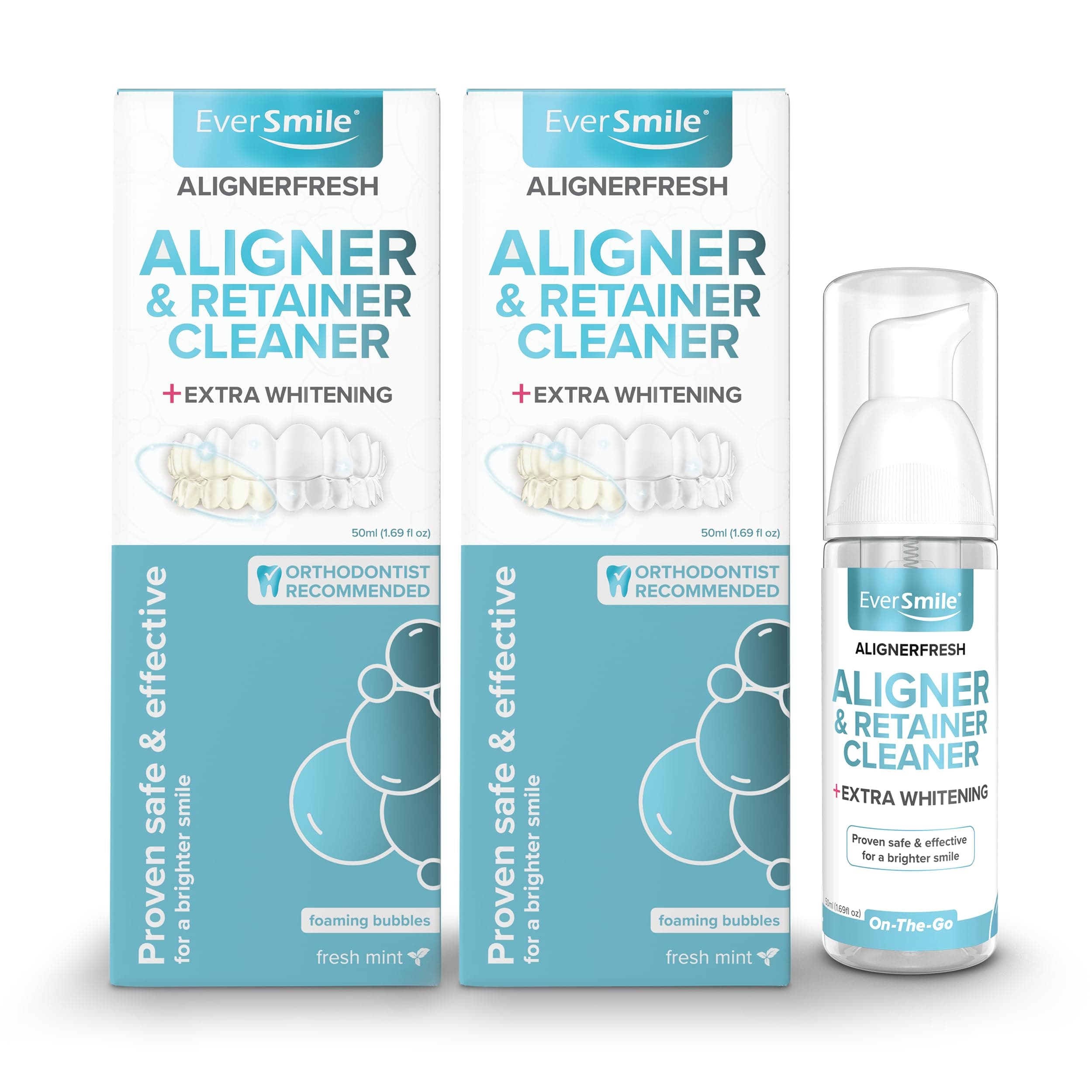 AlignerFresh Extra Whitening Foam – Cleaner Compatible w/Invisalign and All Clear Aligners and Retainers – Eliminates Bacteria, Whitens Teeth, Fights Bad Breath – 50ml (2 Pack)