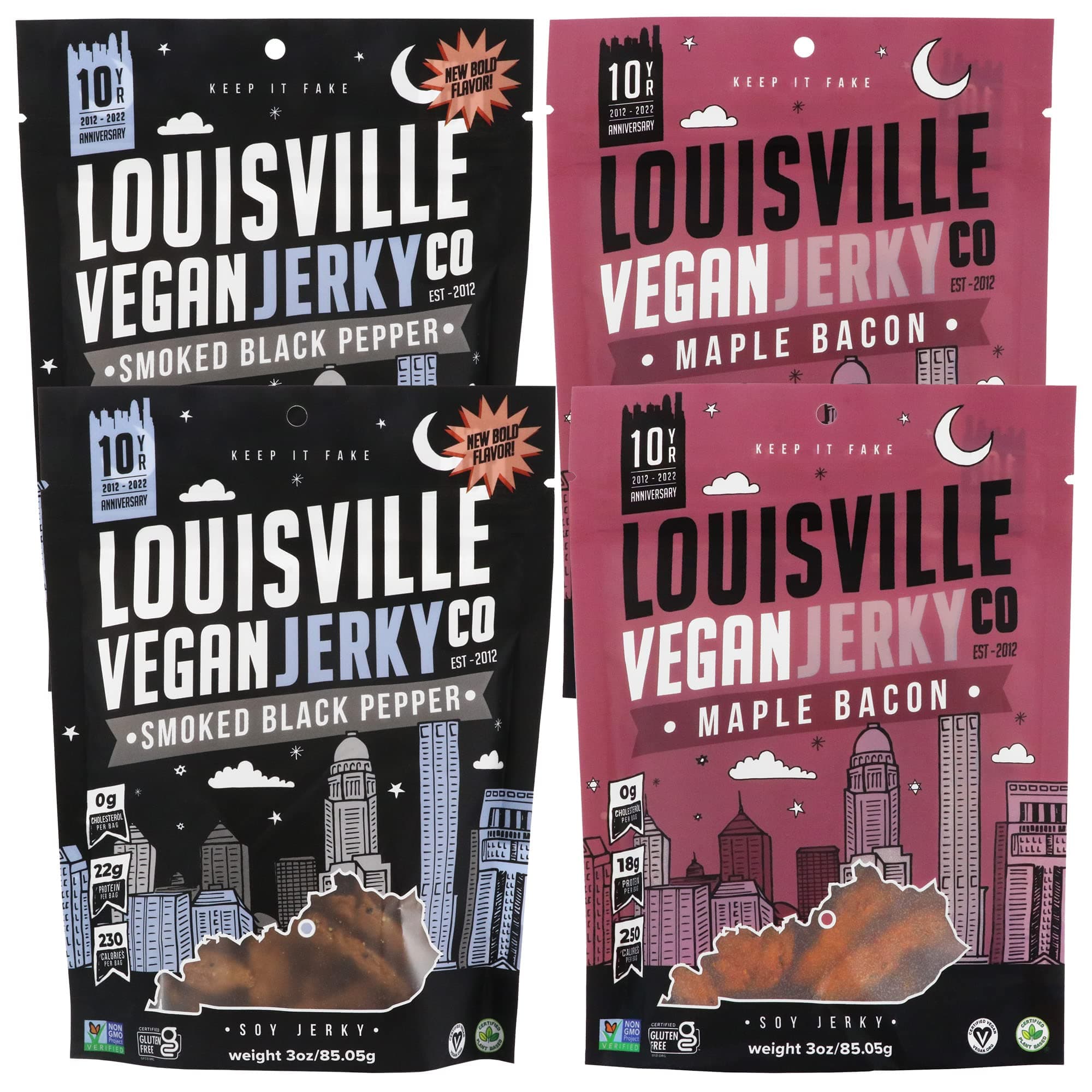 Louisville Vegan Jerky - Smoked Black Pepper & Maple Bacon Variety Pack, Vegetarian & Vegan-Friendly Jerky, 18-21 Grams of Non-GMO Soy Protein, Gluten-Free Ingredients (3 oz, 4-Pack, 2 of Each Flavor)