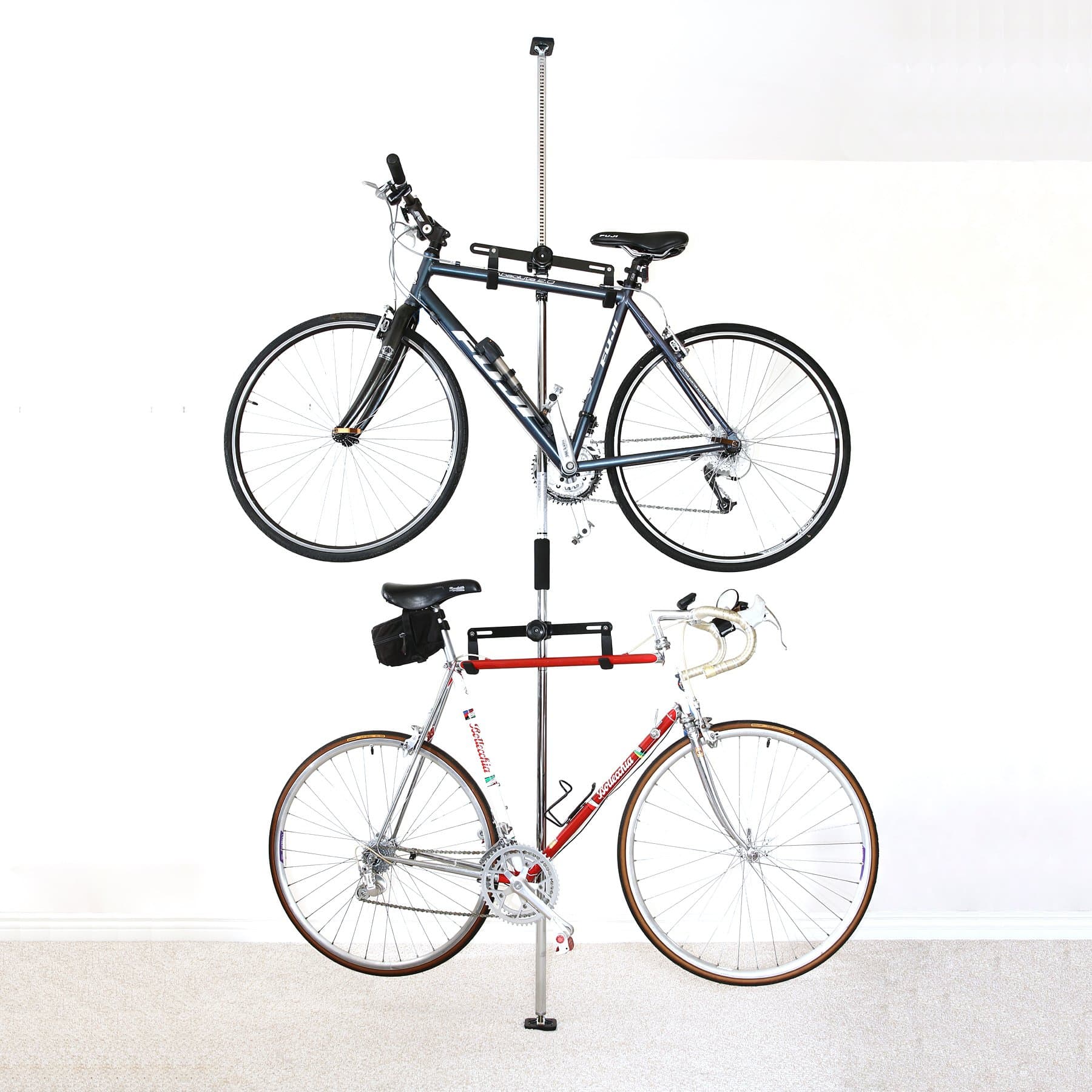 SPAREHAND Dual Bike Storage Rack - Heavy Duty, Adjustable Q-Rack II with 80 Lbs. Weight Capacity - Vertical Floor Storage System for 2 Bikes - Ideal for Garage and Indoor Bicycle Storage - Chrome
