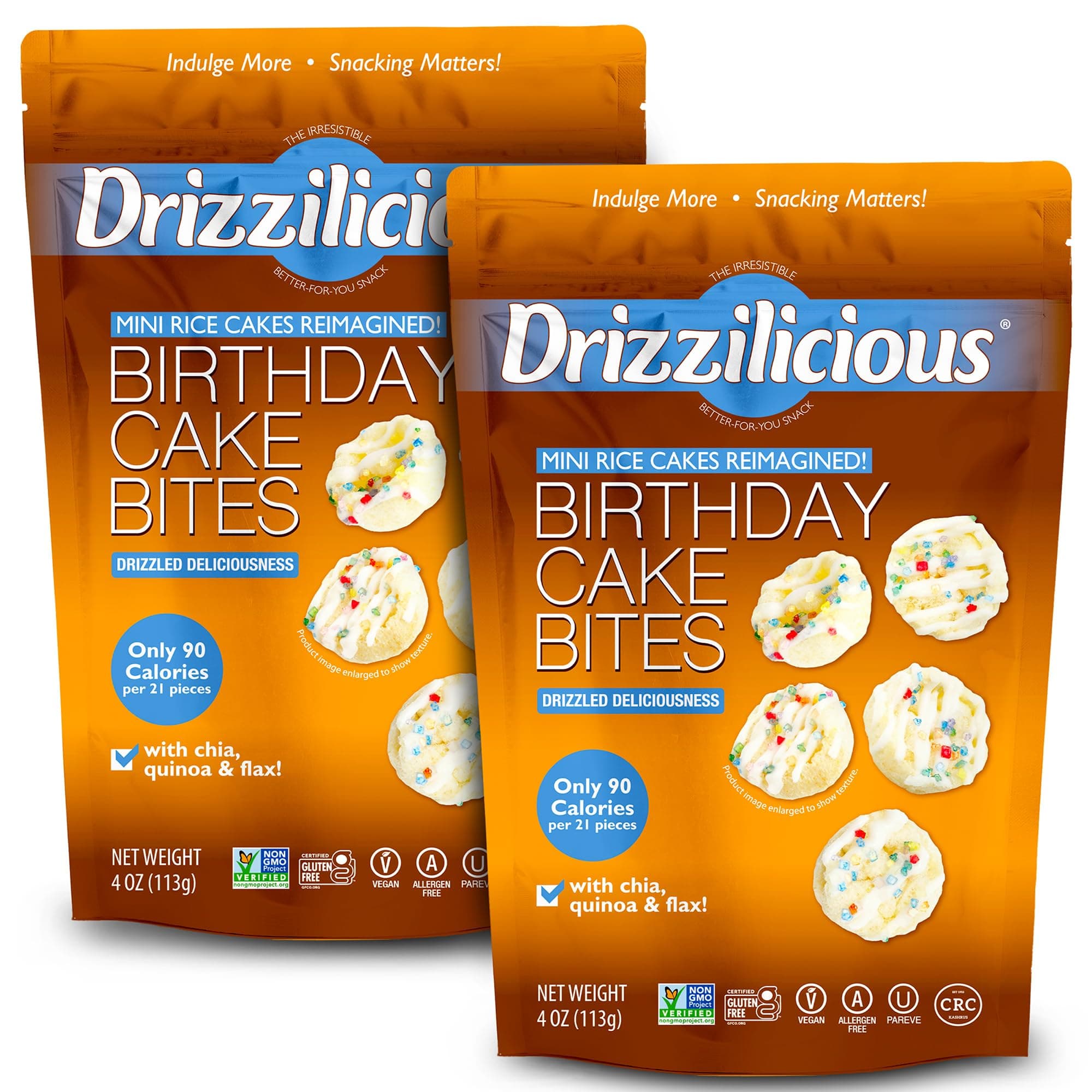 Drizzilicious Mini Flavored Rice Cake Birthday Cake - Rice Crisps, Healthy Snacks for Adults and Kids, Vegan, Gluten Free Snacks, Allergen Free, Only 90 Calories Per 21 - 4 oz (2 Pack)