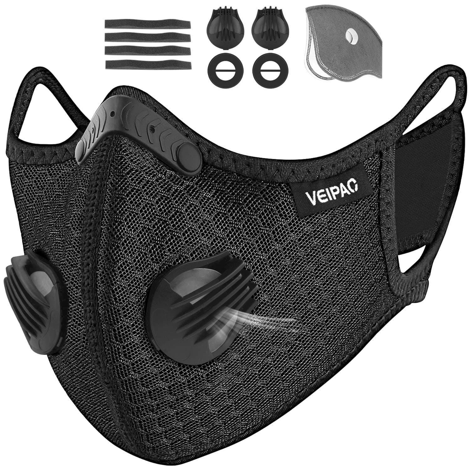 VEIPAO Sports Masks with Activated Carbon Filter, 1 Mask Filters, 2 Breathing Valve, 4 Soft Foam Padding for Running Walking, Cycling, Motorcycle