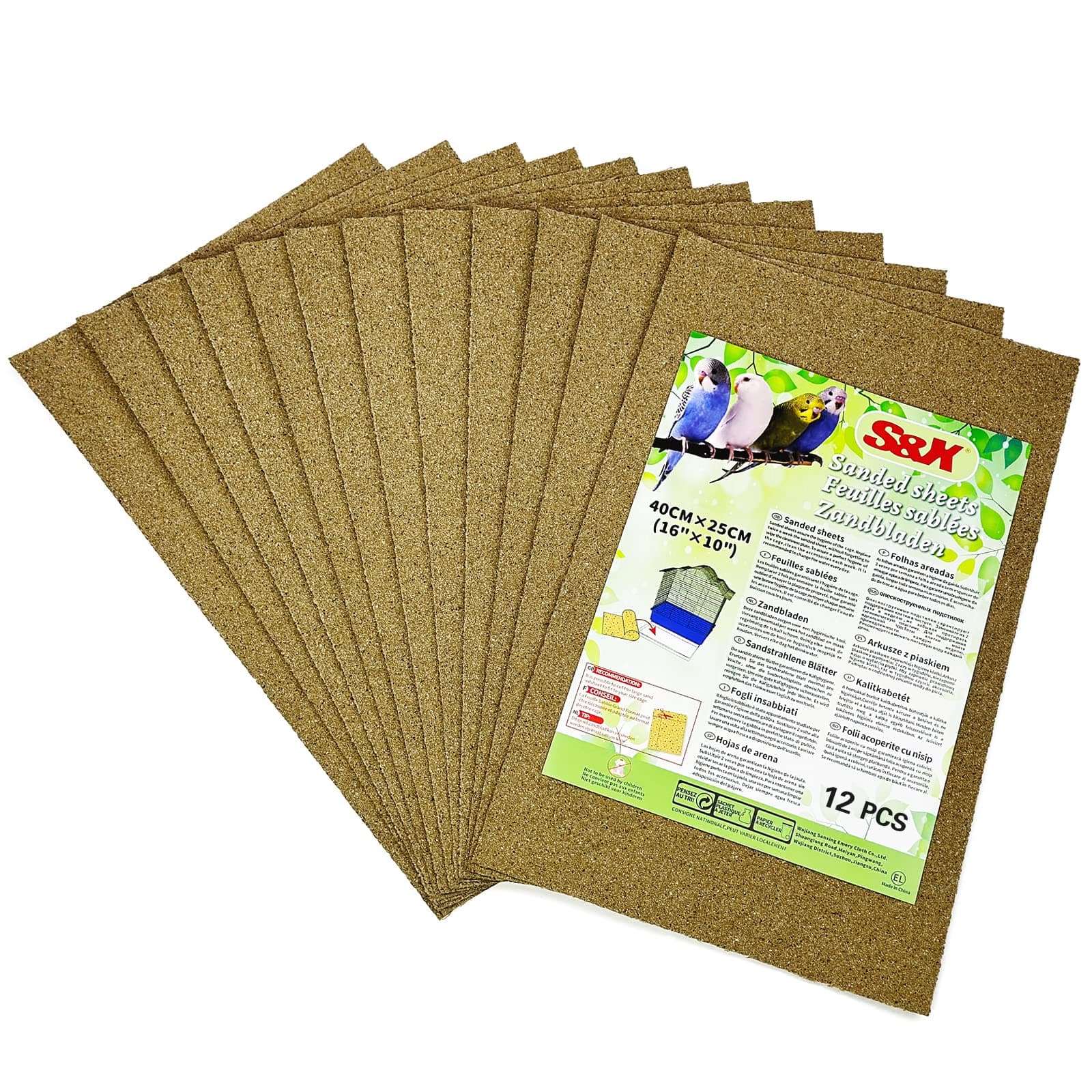 S&X Sand Sheets for Bird Cage 40cm x 25cm, Gravel Liner Paper 12-Pack